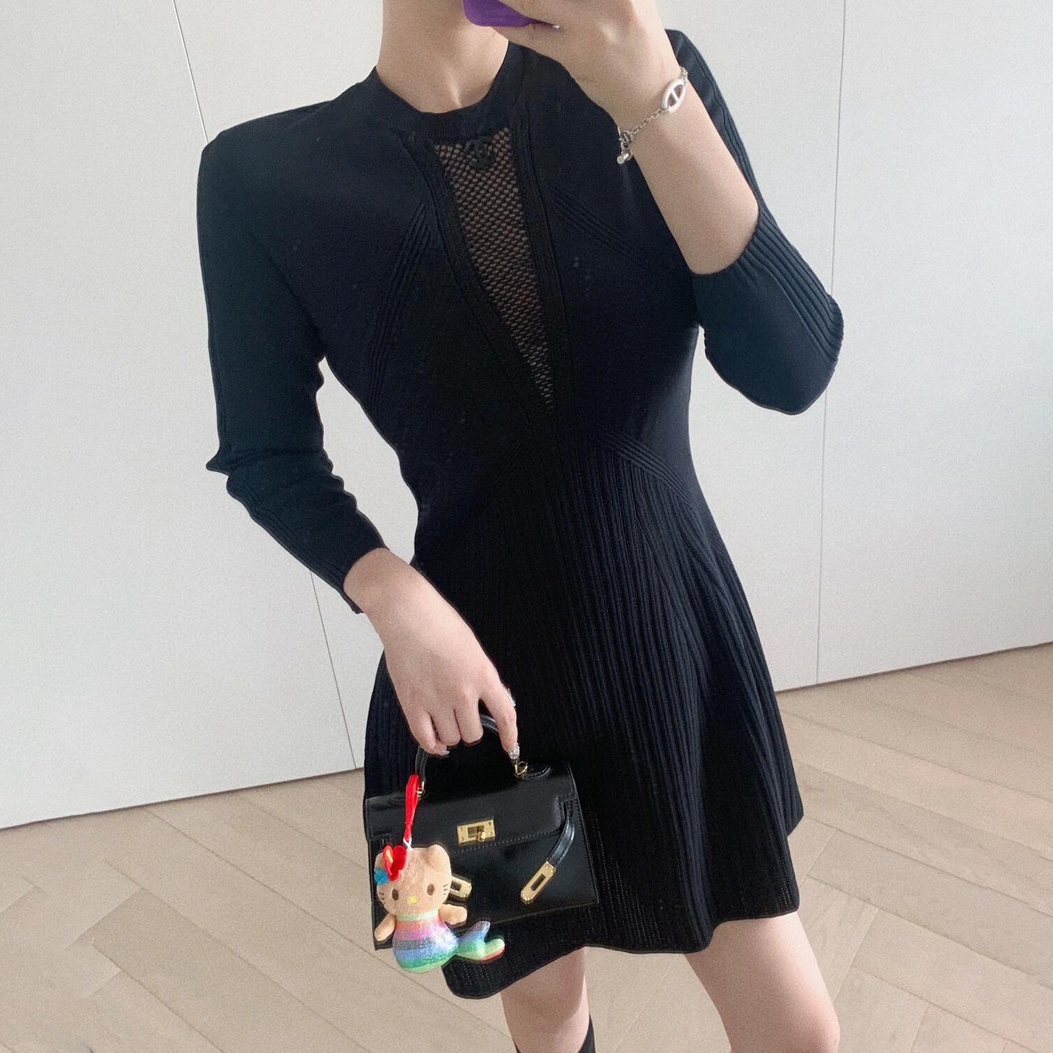 Women's Spring/Summer Solid Color Hollow Knit Long Sleeve Dresses #73693