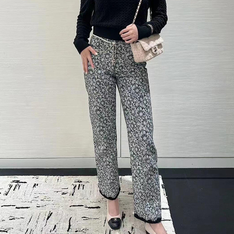 Women's Spring And Autumn Logo Floral Print Vintage Casual Fit Solid Color Denim Straight Leg Pants #71678