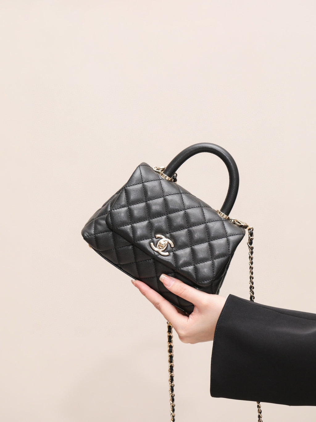 COCO Handle 16 Classic Logo Black Gold Leather Caviar Chain Shoulder Crossbody Mini Small Medium Women's Spring Summer Black Bag Bags #81386