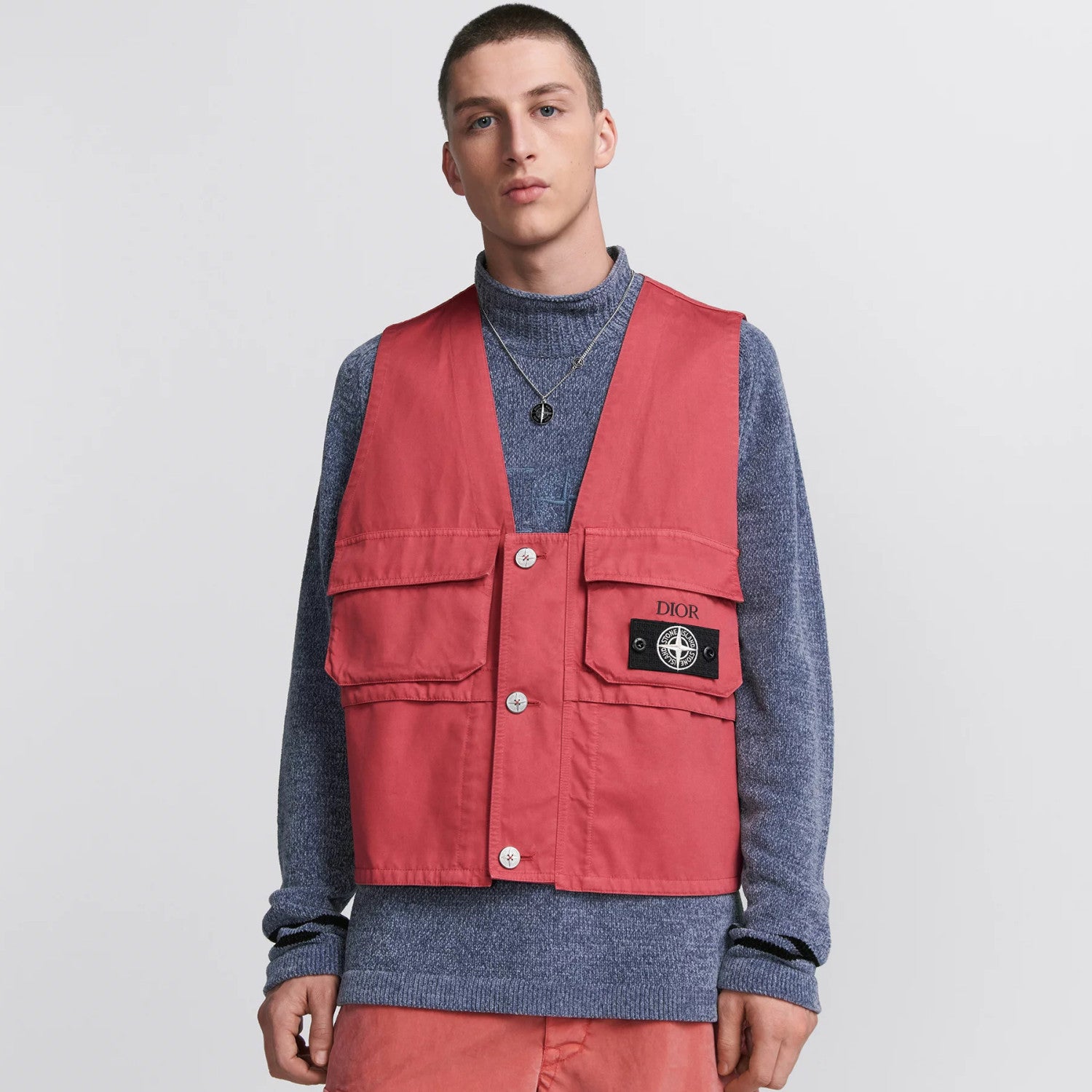 X Stone Island Men's Solid Color Letter Logo Patch V-Neck Single Breasted Cotton Vest Jacket #72812