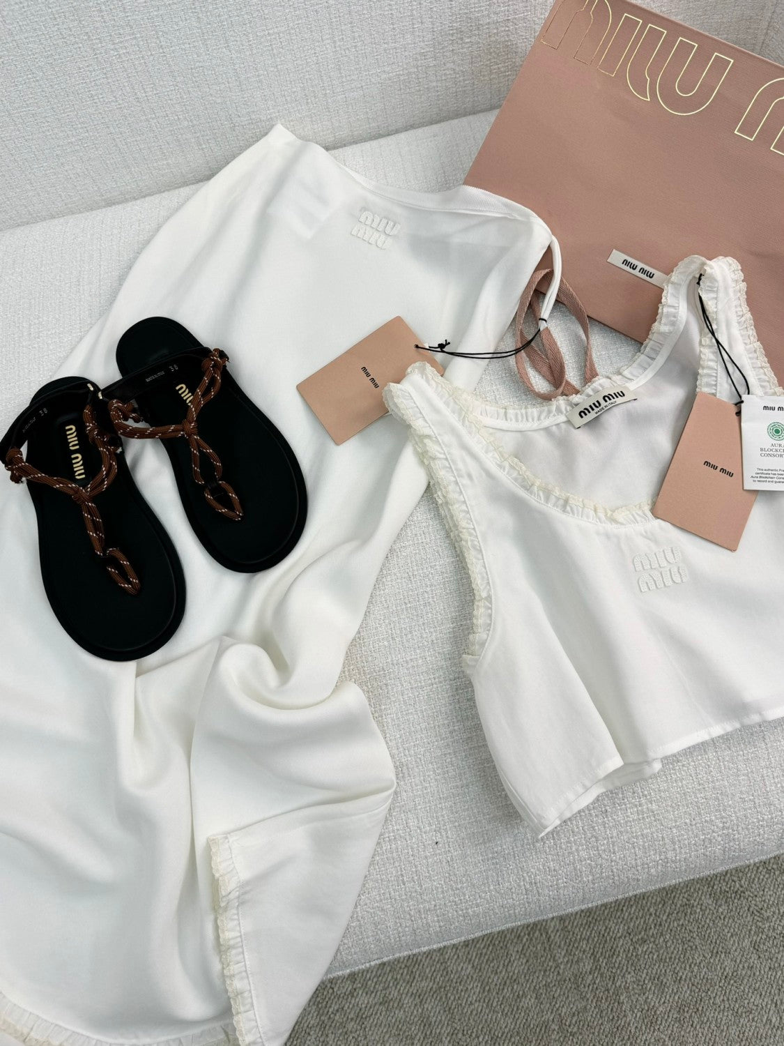 Women's Summer White Round Neck Short Sleeveless Vest Embroidered Logo Casual Long Dresses Skirt Set Suit #72317