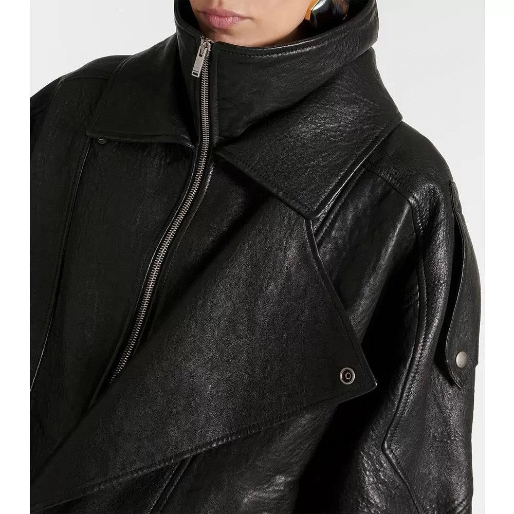 Women's Spring. Fall And Winter Black Adjustable Belt Lapel Zipper Lambskin Long Sleeve Fitted Bomber Jacket Ngvp #8859