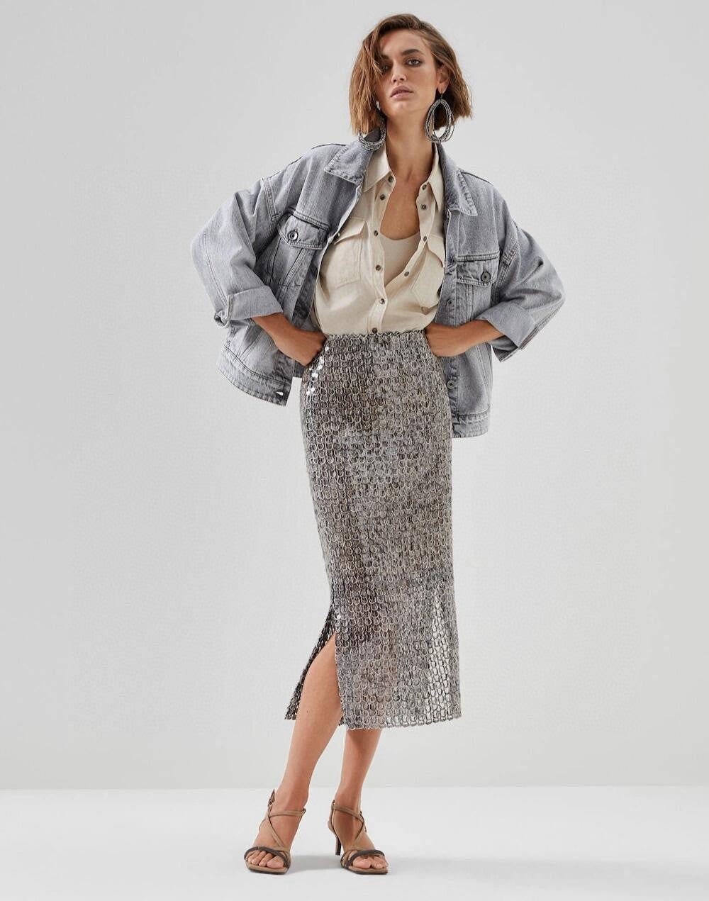 Women's Spring Summer Autumn Silver Sequins Mid-Length High Waist Fit Casual Half Skirt Ngvp #8952