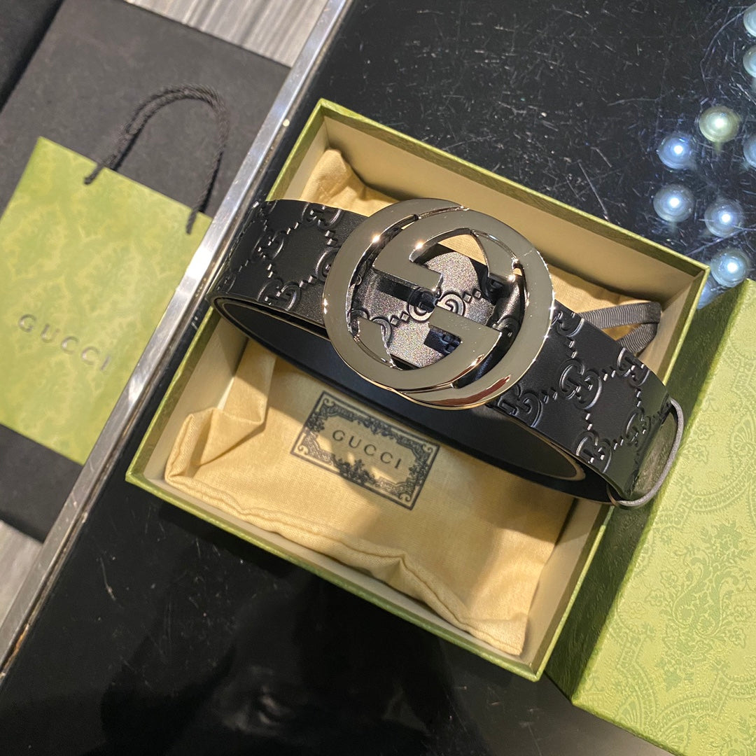 Men's Gold Logo Smooth Buckle Black Leather Thin Belt Width 3.8cm #72694