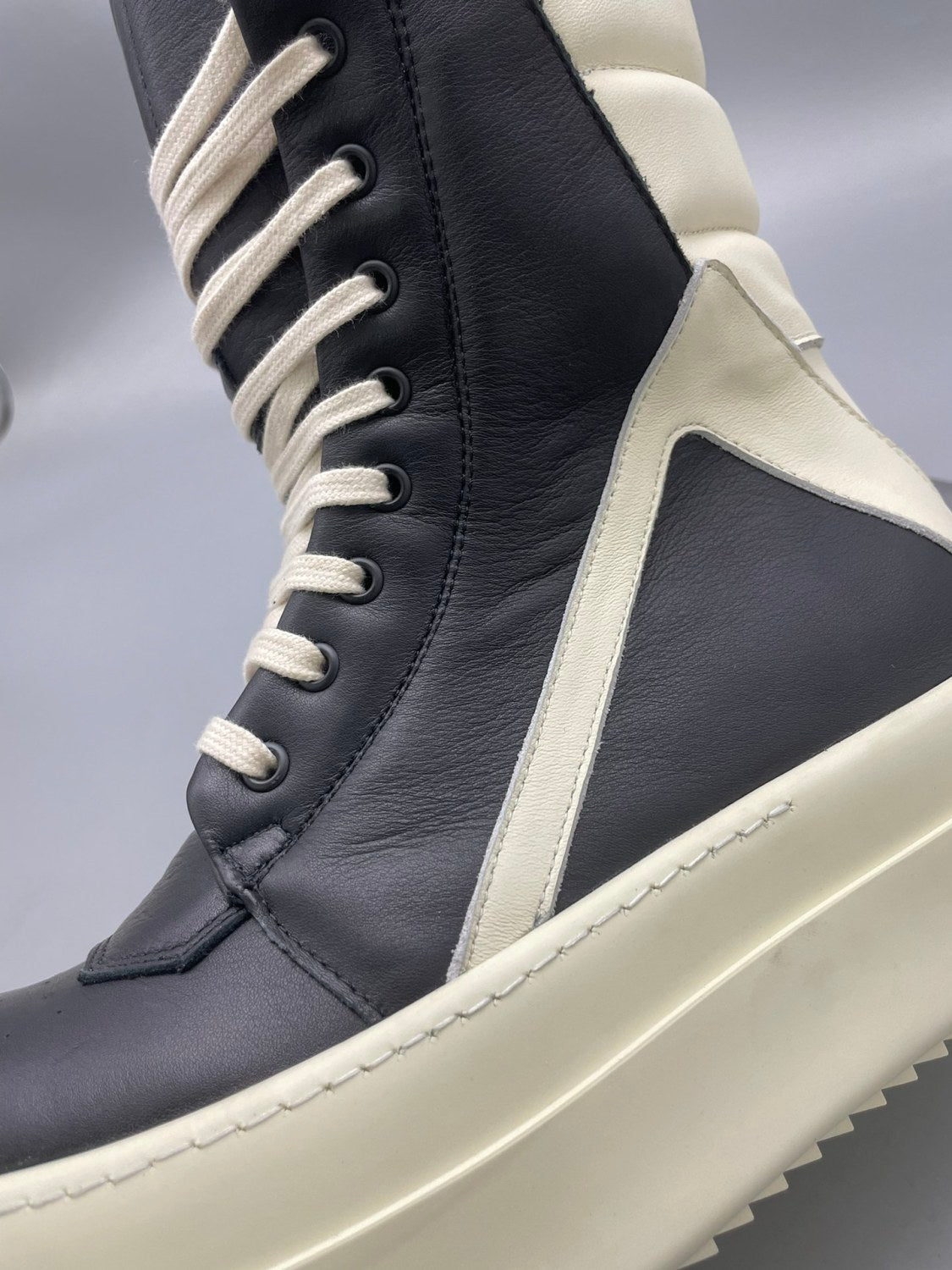 Men's And Women's Black And White Inverted Triangle High Top Lace Up Cowhide Shoes #77917