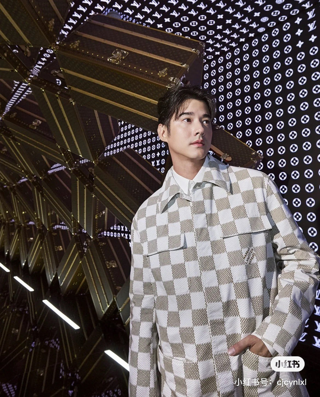 Men's Fall And Winter White Checkered Lapel Single Breasted Pocket Long Sleeved Jacket #72775