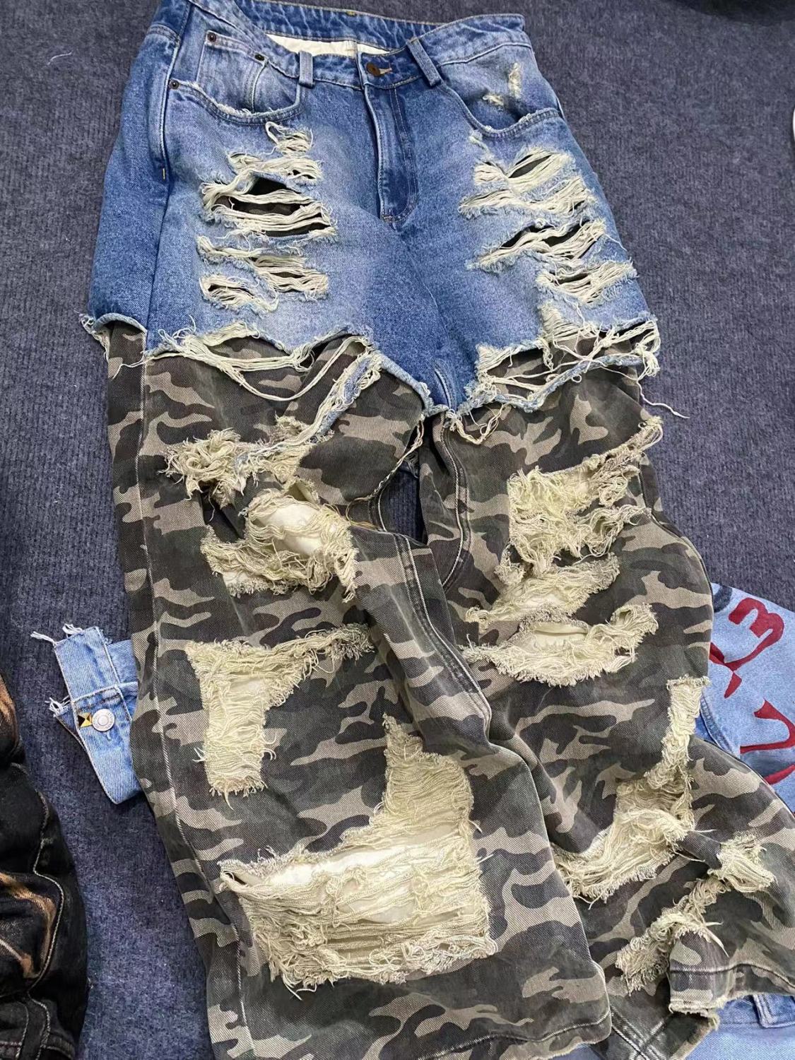 REGEN ZONE Men's Four Seasons Fashion Washed Camouflage Denim Patchwork Destroyed Casual Pants Ngvp #8175