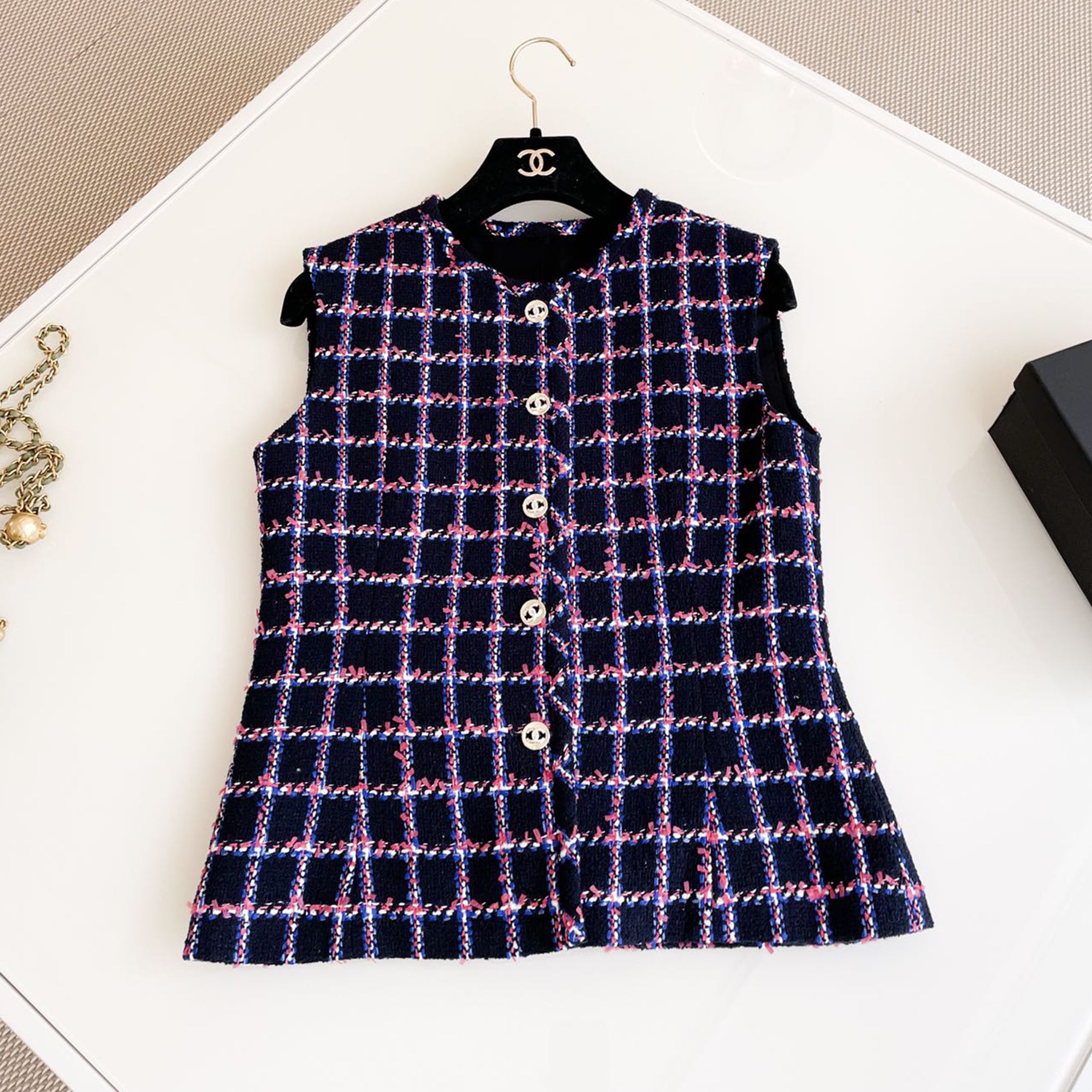 Women's Spring and Autumn Tweed Plaid Colorblocking Silhouette Jacket Button Waist Vest Set Suit Ngvp #8891