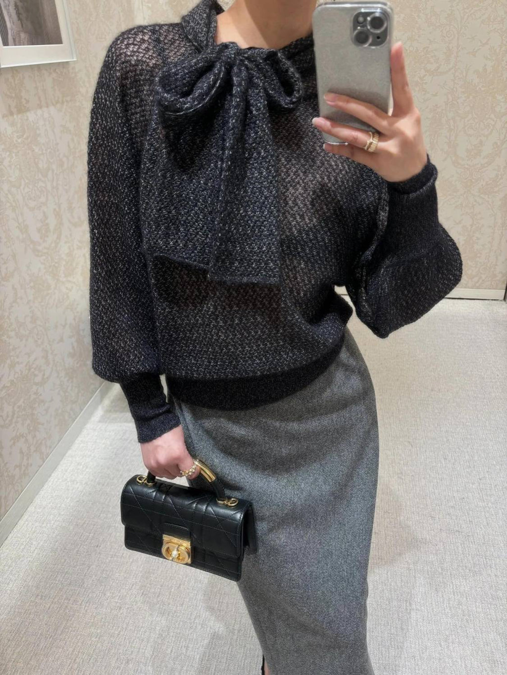 DiorWomen's Fall Mohair. Alpaca and Silk Blend Stretch Knit Top Black Bow Neck Fitted Long Sleeve Sweater Ngvp #9331