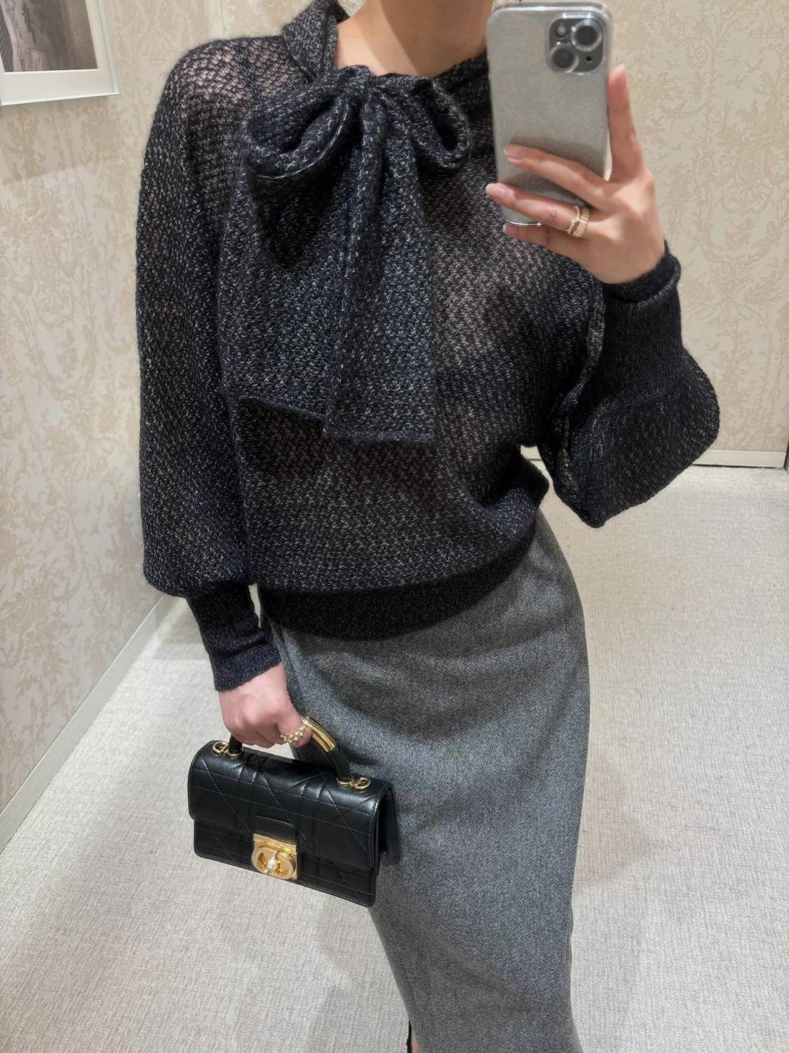 DiorWomen's Fall Mohair. Alpaca and Silk Blend Stretch Knit Top Black Bow Neck Fitted Long Sleeve Sweater Ngvp #9331