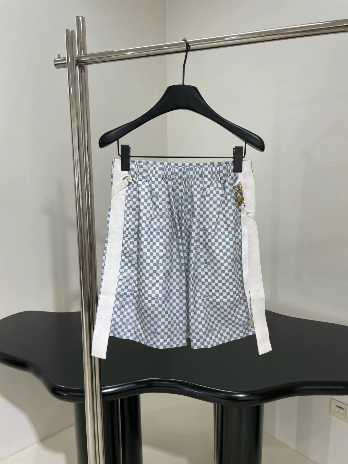 Women's Summer Blue Checkerboard Pattern Casual Shorts Pants #73434