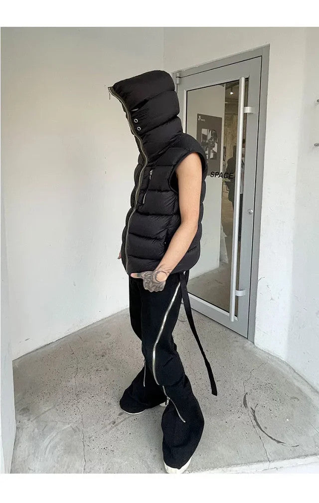 Men's Fall/Winter Dark Style Casual Solid-Color Full-Zip Hooded Quilted Down Vest Ngvp #2521