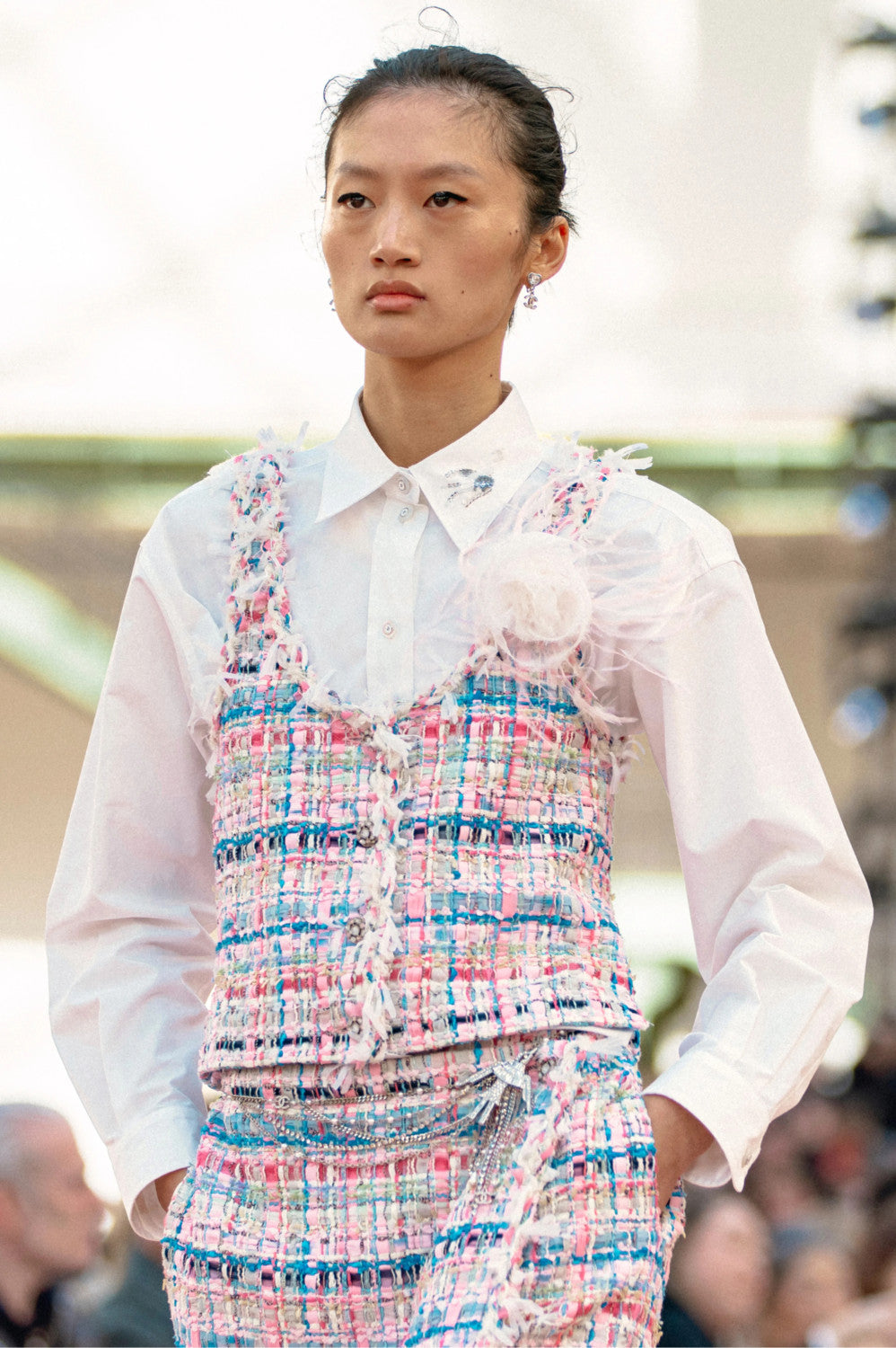 Women's Spring And Autumn High Street Cotton And Silk Tweed Multicolor Round Neck Sleeveless Vest Casual Mid Waist Shorts Ngvp #1551