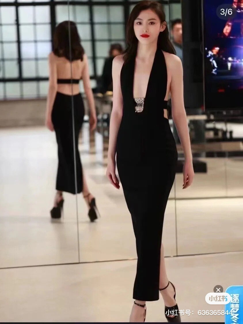 Women's Spring And Summer Black V-neck Long Temperament Luxury Sexy Crystal Decoration Backless Dresses  Ngvp #8795