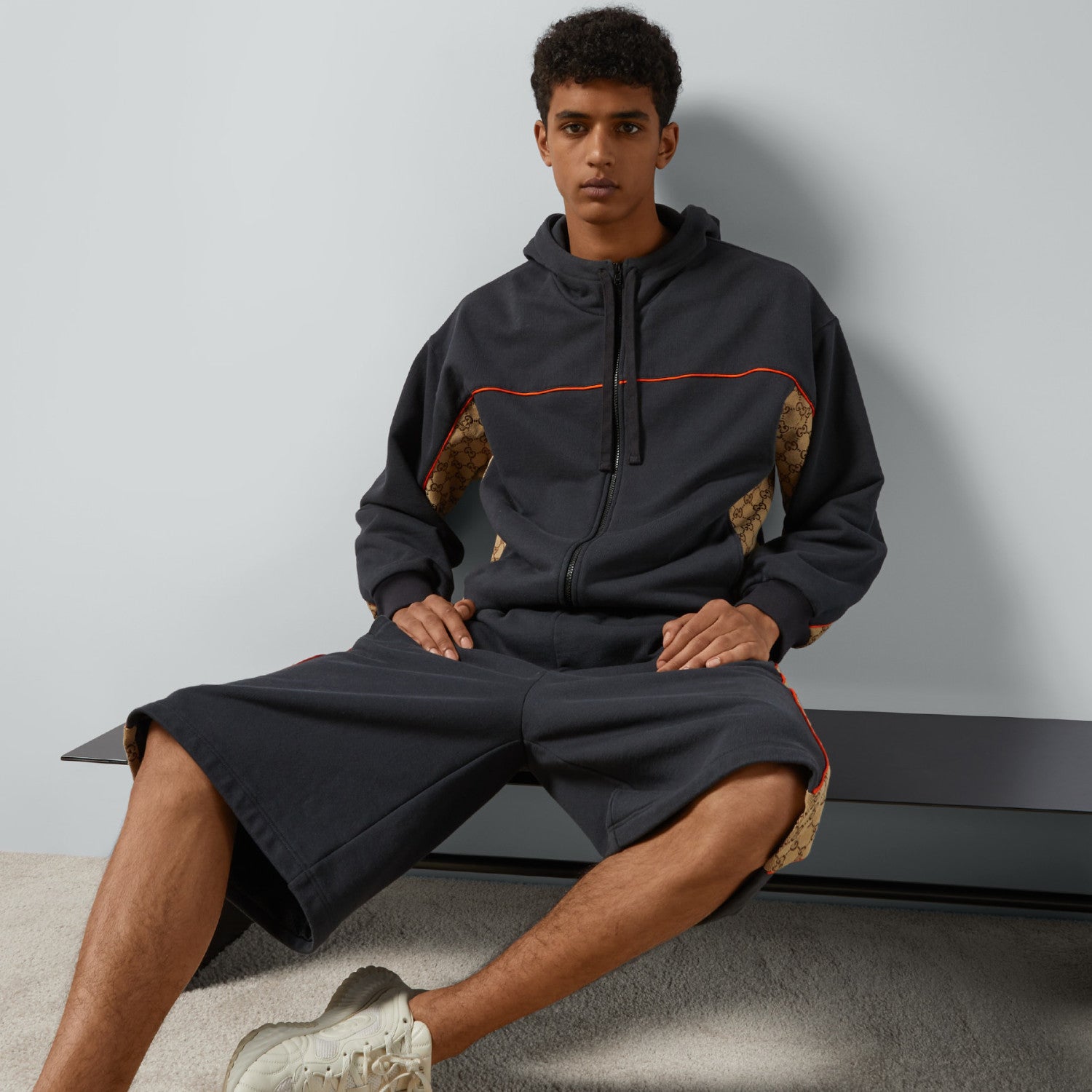 Men's Spring and Autumn Patchwork Logo Jacquard Zipper Hooded Long Sleeve Jacket Lace-Up Casual Shorts Pants Suit Set #98839