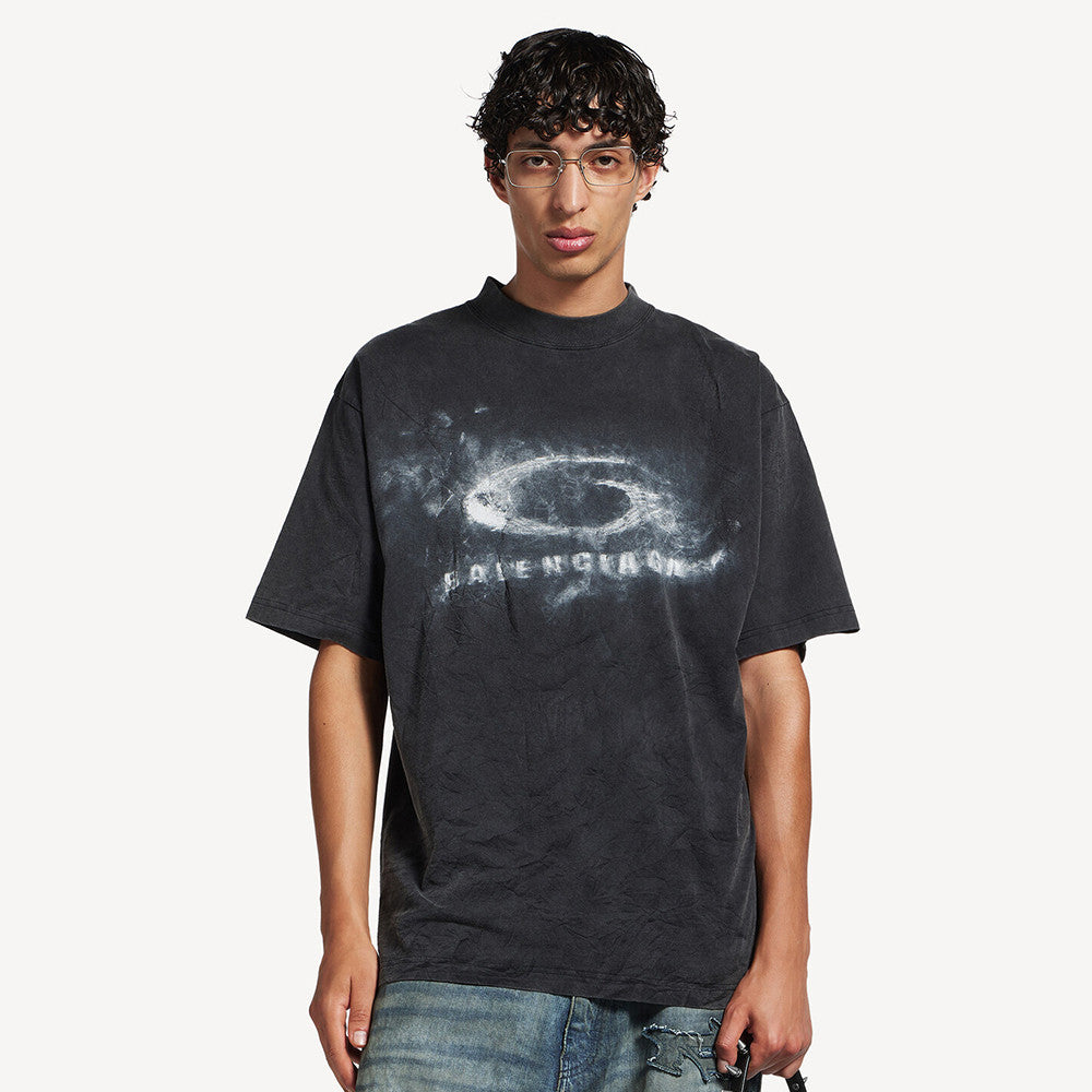 Top-quality Version Washed Crayon Loop T-shirt Medium Fit Spring/Summer Snap-Button Direct-Print Oversized Crew Neck Short-Sleeve T-Shirt #82563A