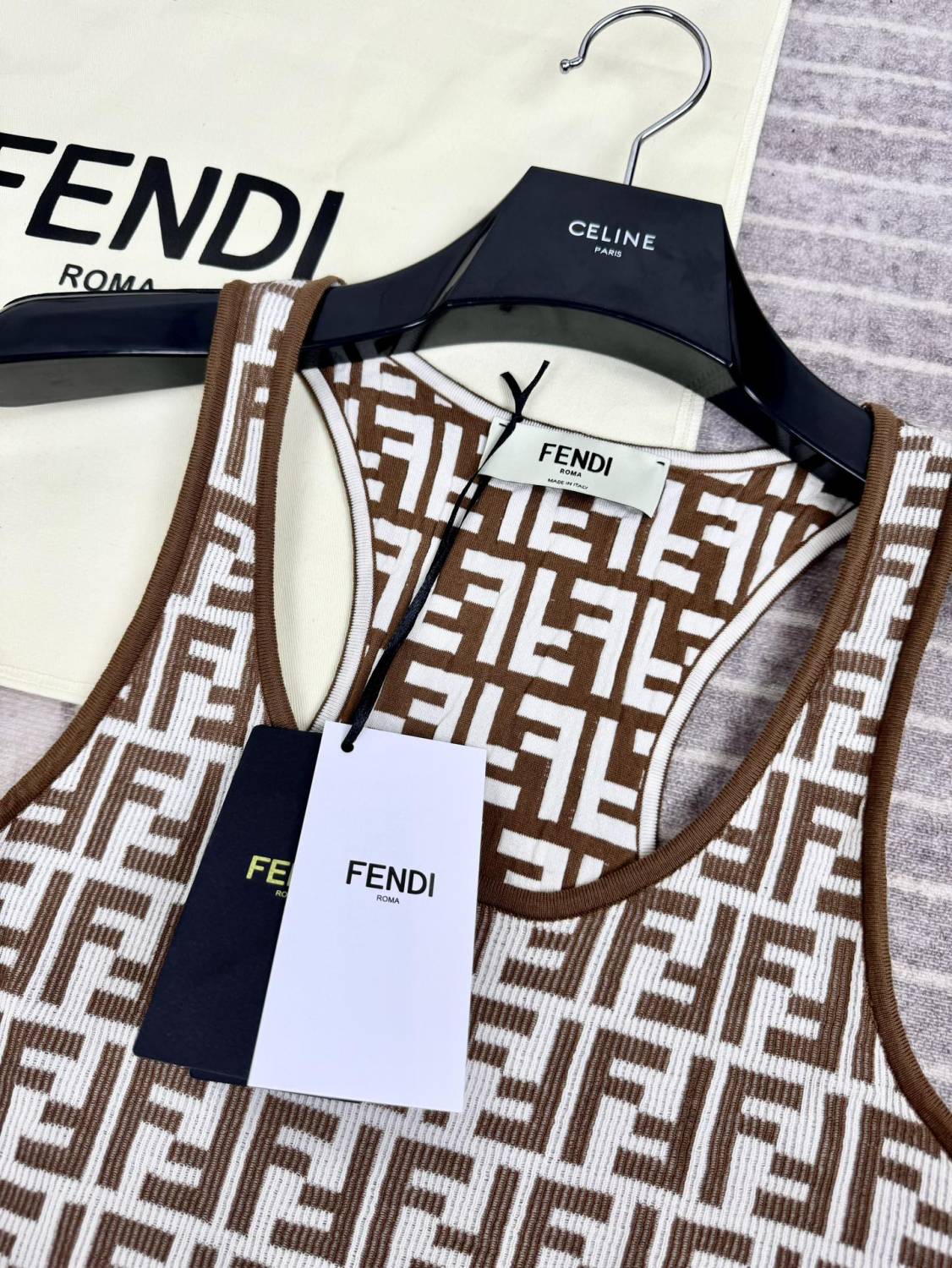 Women's Summer Brown FF Print Cotton Knit Top Fitted Sleeveless Vest #72933