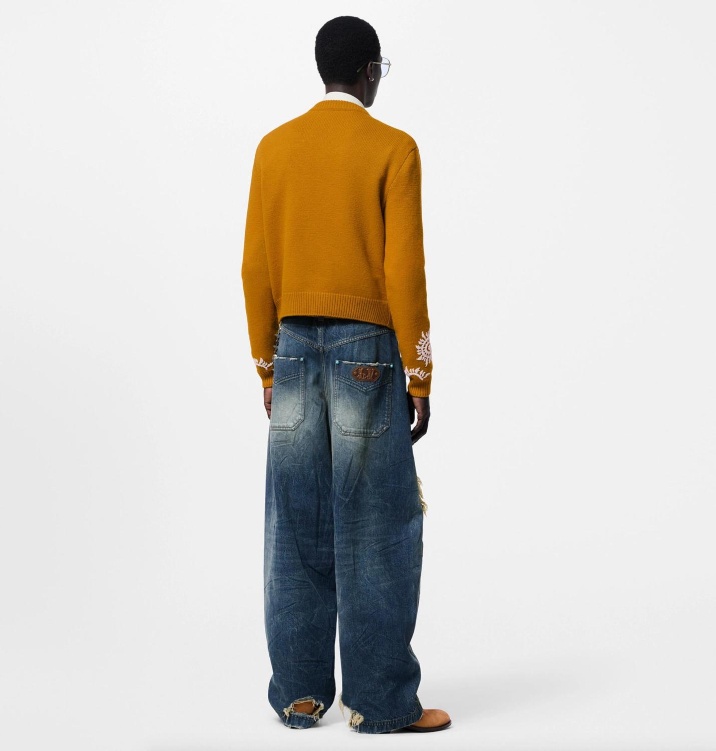 Men's Fall/winter Yellow Embroidered Cardigan Jacket Trendy Short-sleeve Crew Neck Knit Sweater #81811A