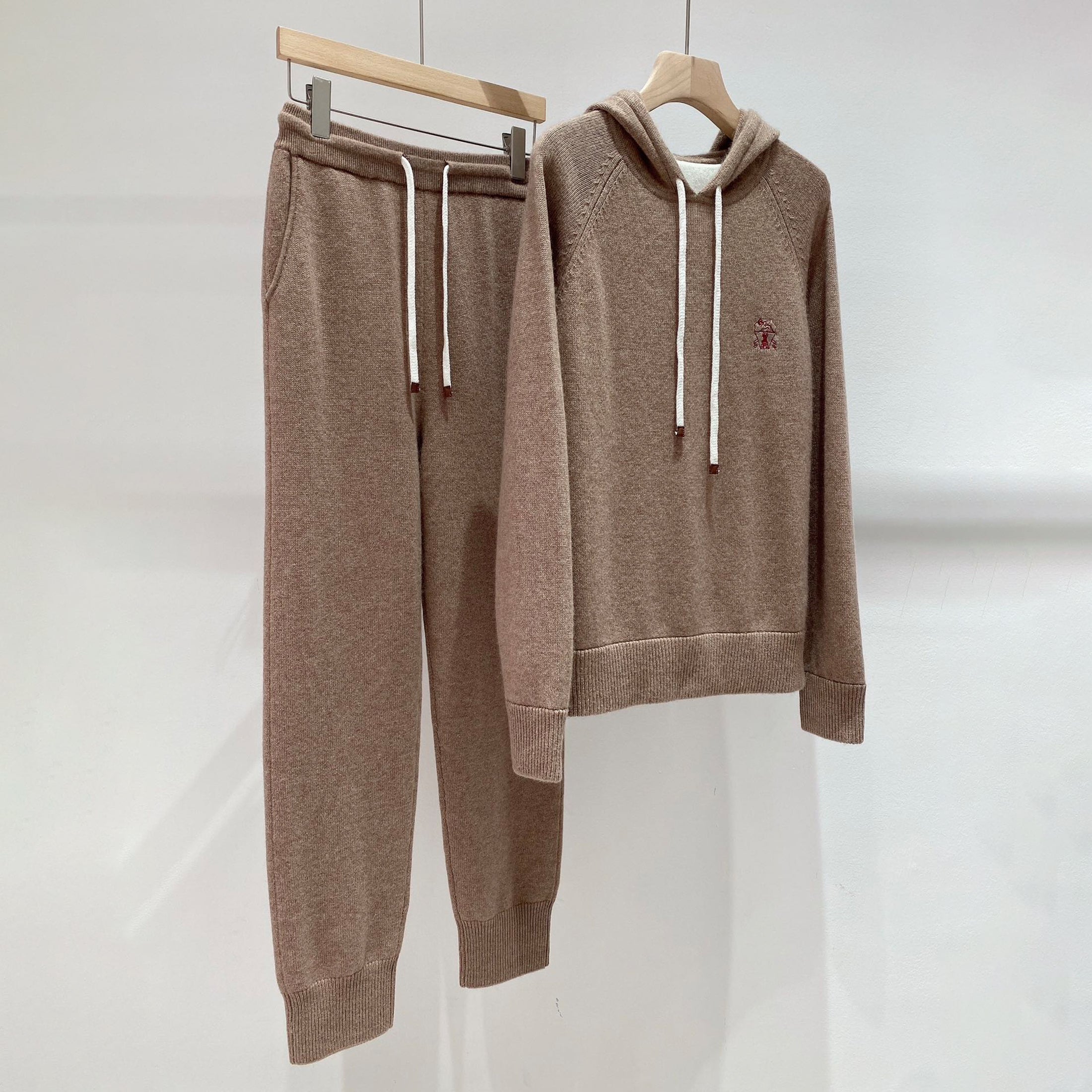 Women's Winter Solid Colours Embroidered Cashmere Loose Hooded Sweatshirt Knitted Drawstring Lounge Pants Two Piece Cashmere Set #71686