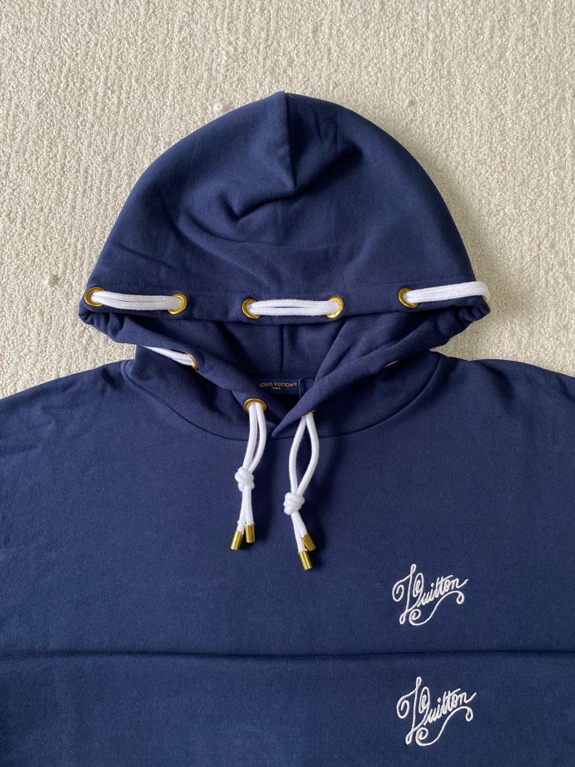 Men's Blue Rope Knot Embroidered Logo Pattern Casual Drawstring Hooded Sweatshirt #99717