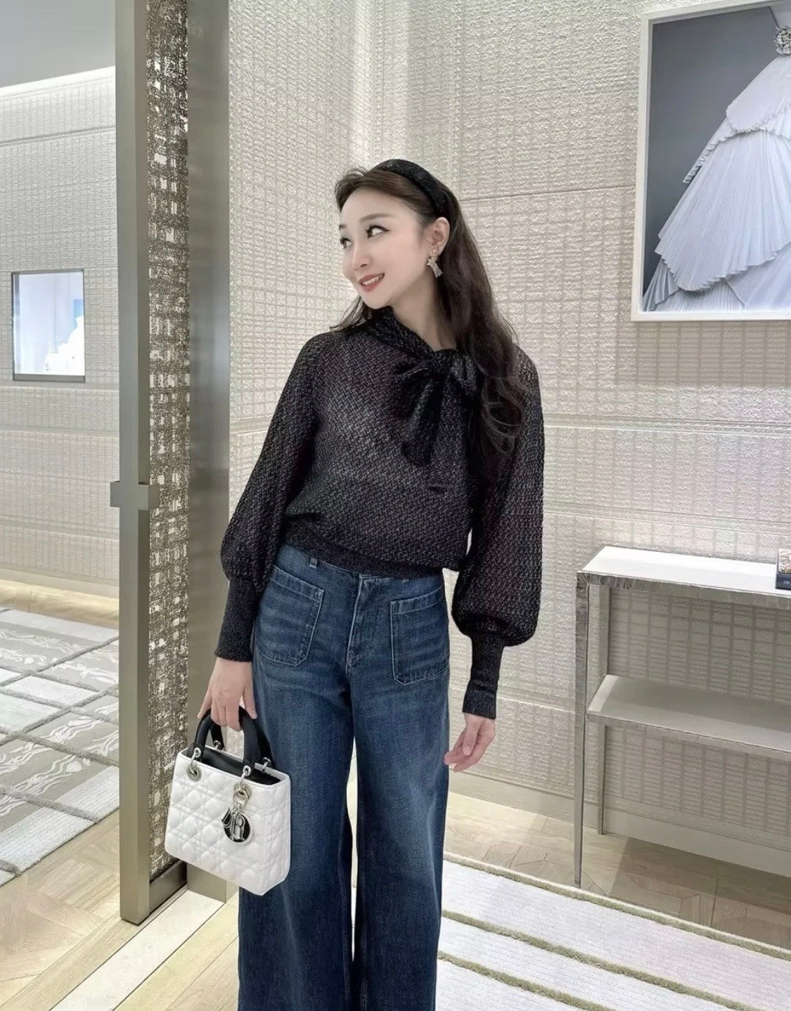 DiorWomen's Fall Mohair. Alpaca and Silk Blend Stretch Knit Top Black Bow Neck Fitted Long Sleeve Sweater Ngvp #9331