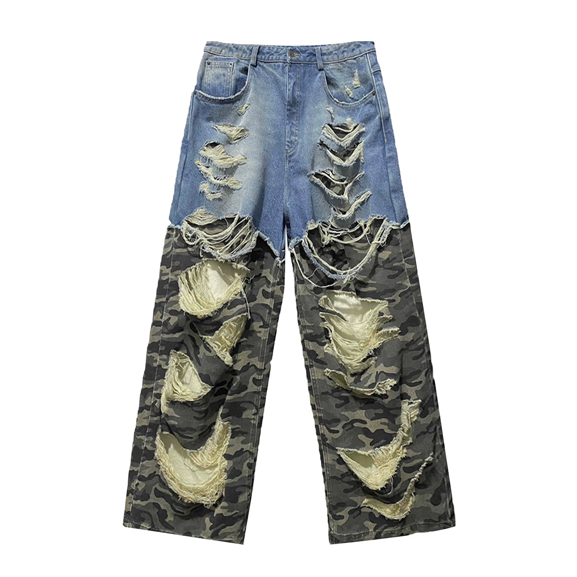 REGEN ZONE Men's Four Seasons Fashion Washed Camouflage Denim Patchwork Destroyed Casual Pants Ngvp #8175