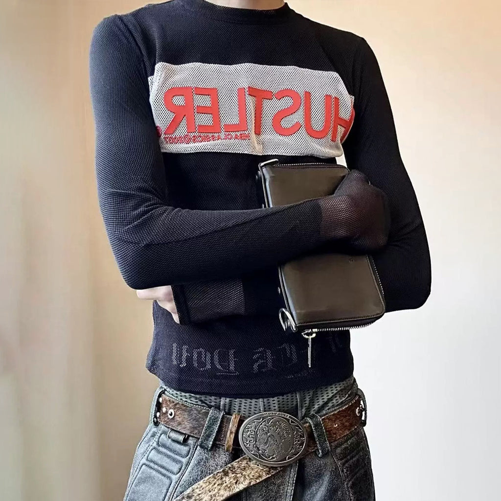 HOOD BY AIR Mesh Zipper Thumbtack Bottom Tight Stretch Long Sleeve Tee Opium Style Tee High Street Retro Trend Fashion Zipper Cardigan Ngvp #1749