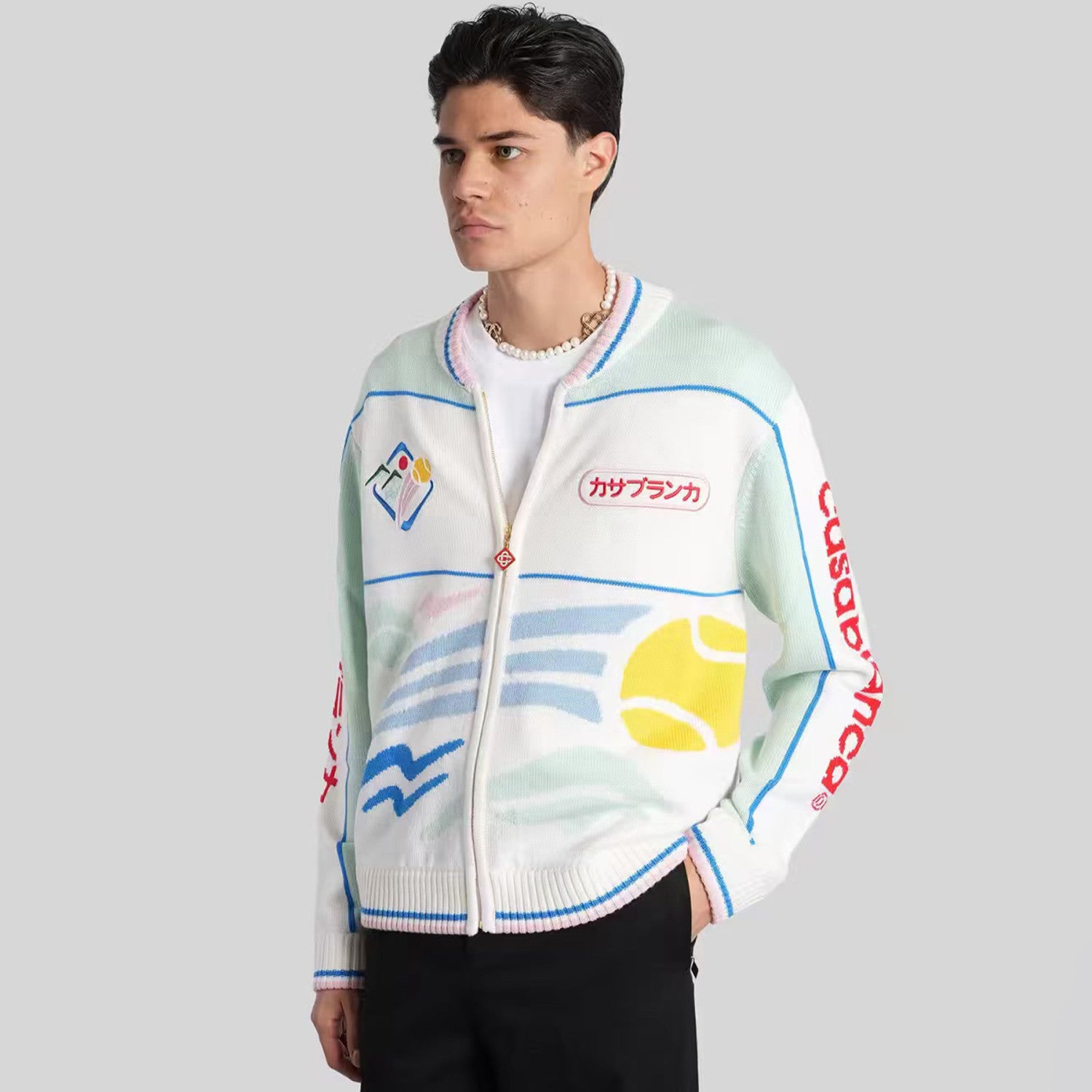 Men's Fall/Winter Abstract Pattern Logo Jacquard Knit Zipper Sweater Fashionable Straight V-Neck Knit Cardigan Jacket #193320