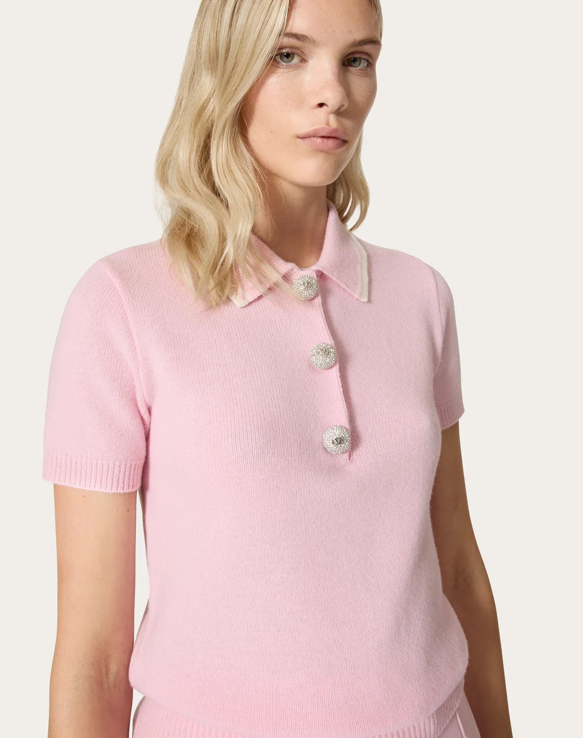 Women's Spring & Autumn Rhinestone Button Pink Lapel Short Sleeve Wool Knit Sweater Ngvp #9278