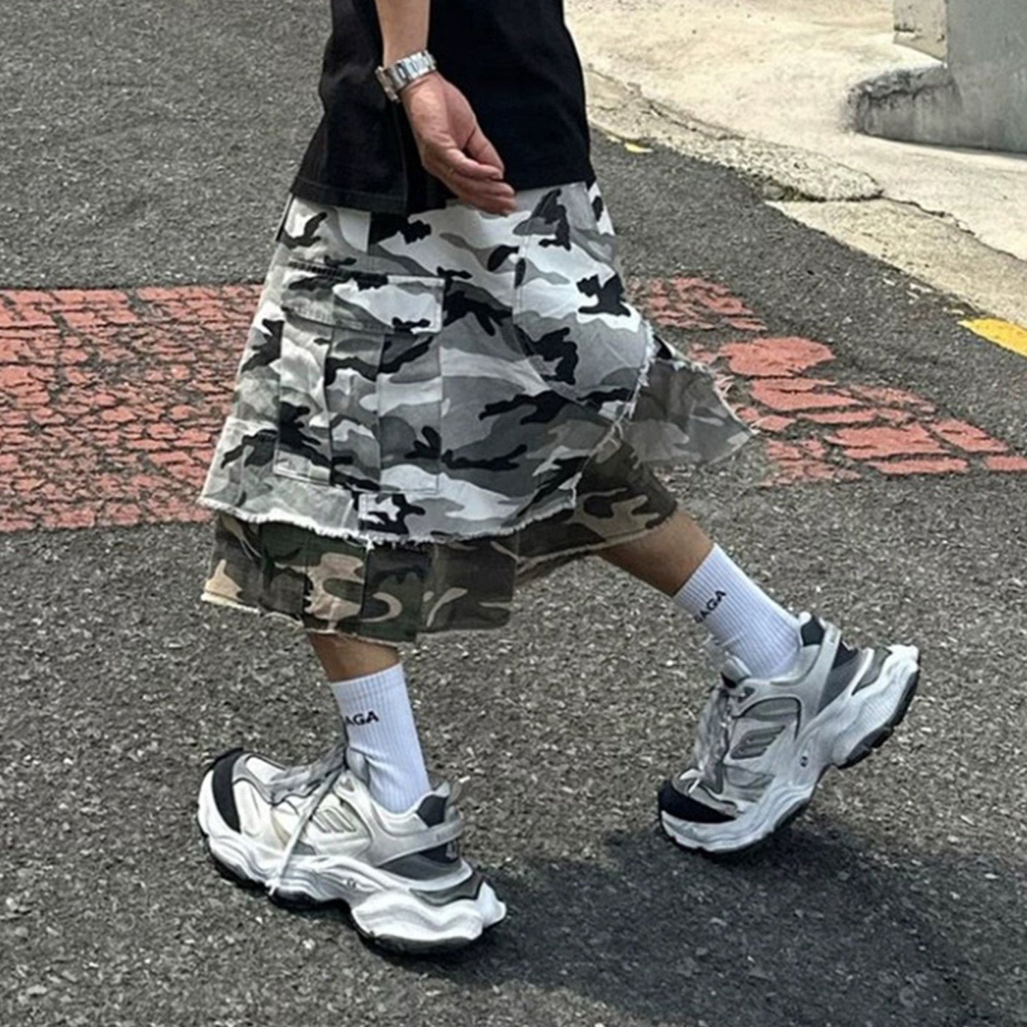 GRAILZ Project G/R Men's And Women's Summer Silhouette Camouflage Work Pants Loose Straight Wide-leg Splicing Seven-minute Shorts Trend Pants Ngvp #8873