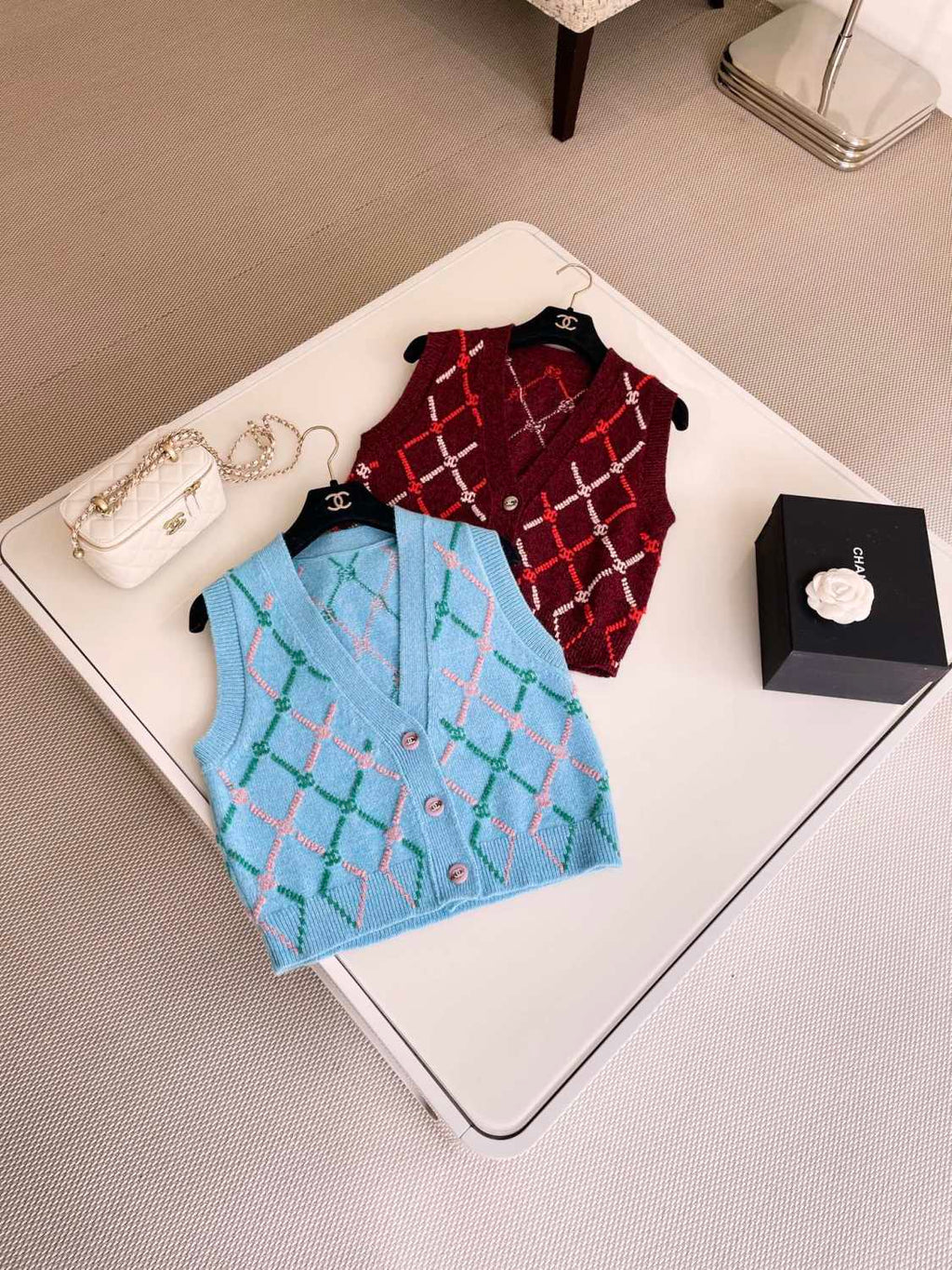 Women's Spring and Autumn Plaid Cashmere Crochet Two-color Knit Single-breasted Vest Jacket #73197