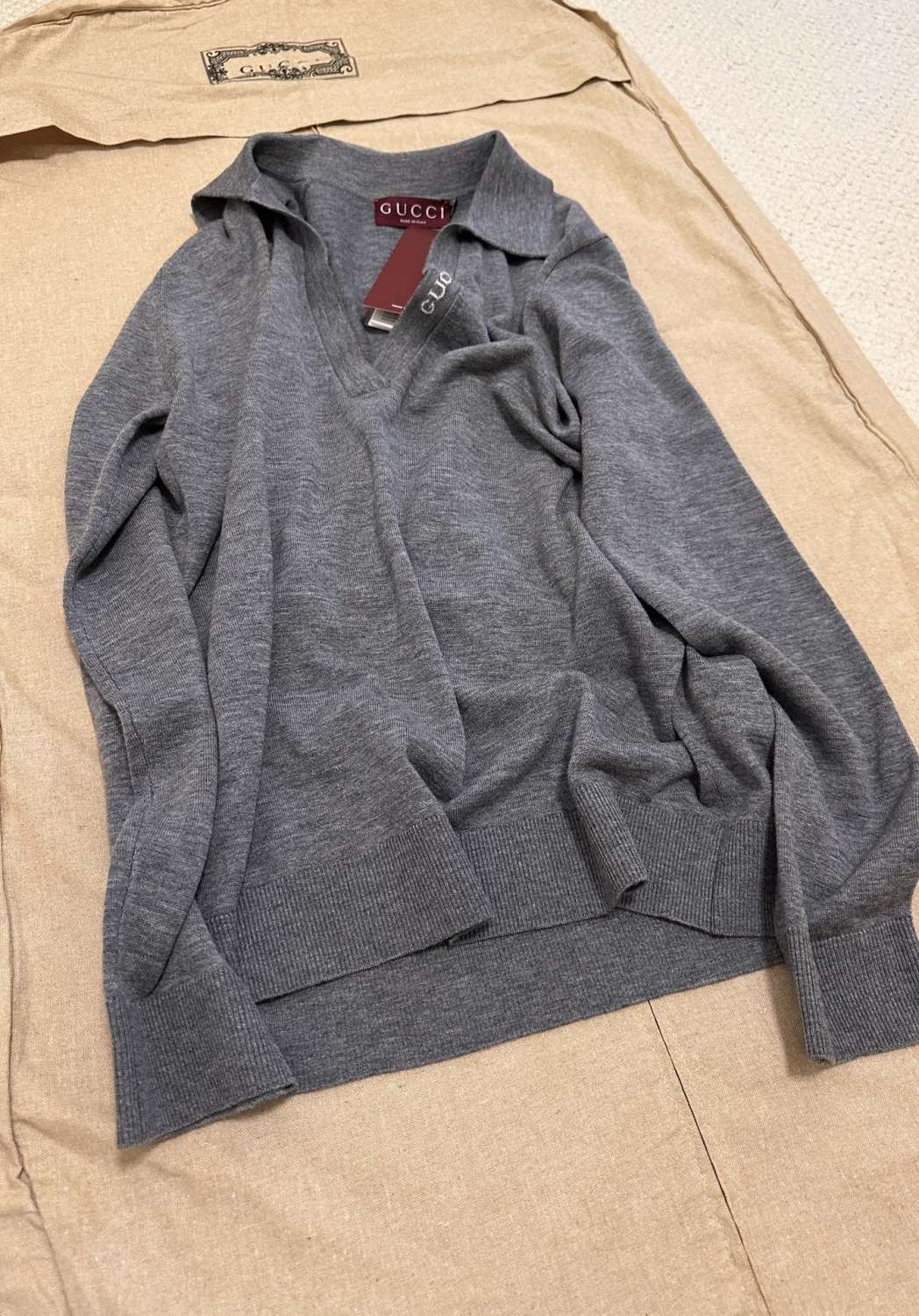 Women's Spring and Autumn Gray Letter V-Neck Loose Wool Long Sleeve Sweater #72845