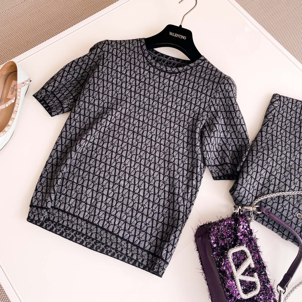 Women's Summer Logo Jacquard Embroidery Round Neck Knit Short Sleeve T-Shirt #73387