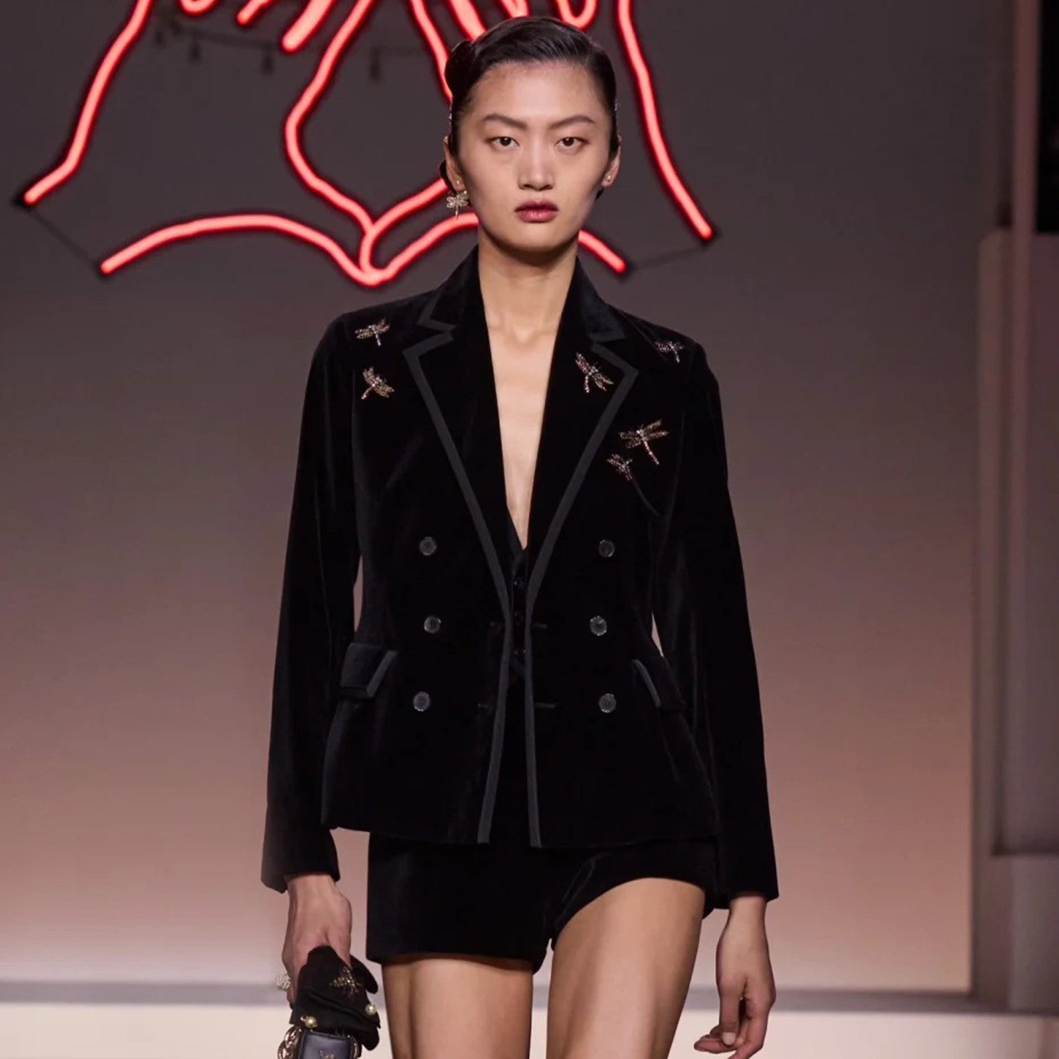 Women's Spring and Autumn Embroidered Velvet Waisted Suit Lapel Double Breasted Black Jacket  Ngvp #8925