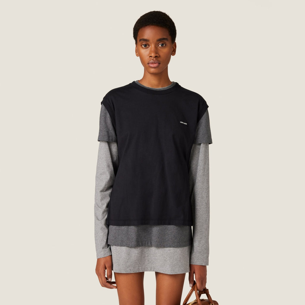 Women's Summer Clashing Color Embroidery Letter Logo Round Neck 3 Piece Layered T-Shirt Set  #73931