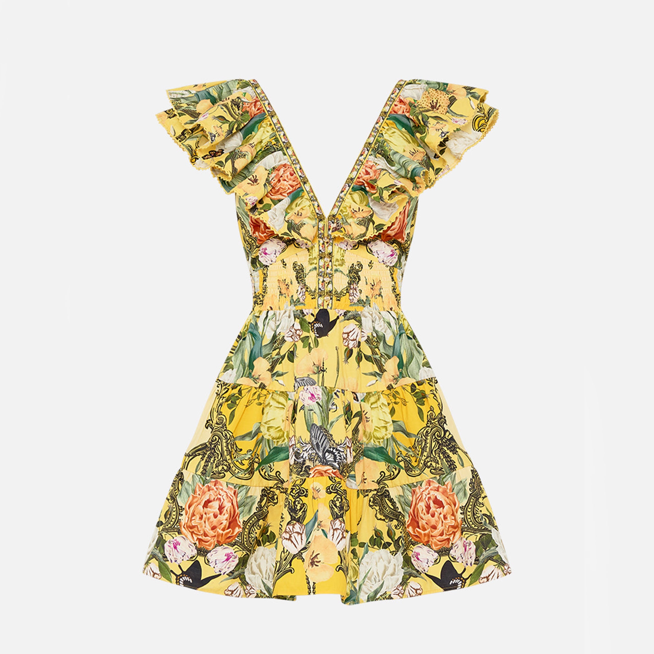 Camilla Women's Summer Printed V-neck Rhinestone Embellished Cotton Ruffle Waisted Mini Dresses Ngvp #8918