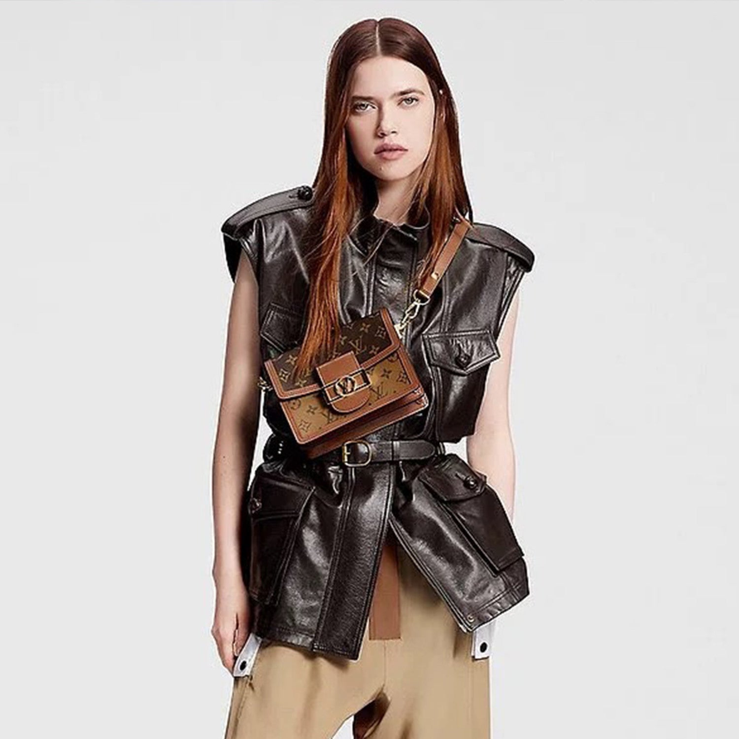 Women's Spring And Autumn Dark Curry Casual Loose Sleeveless Sheepskin Jacket Belt Lapel Vest Jacket Ngvp #8188