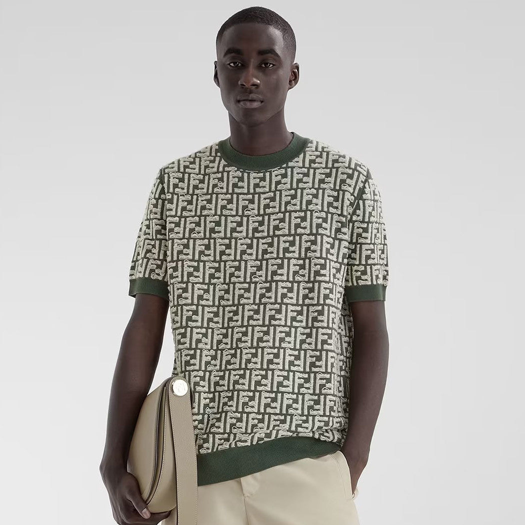 Men's Summer Green All Over Letter Print Crew Neck Short Sleeve Knitted Sweater #99166