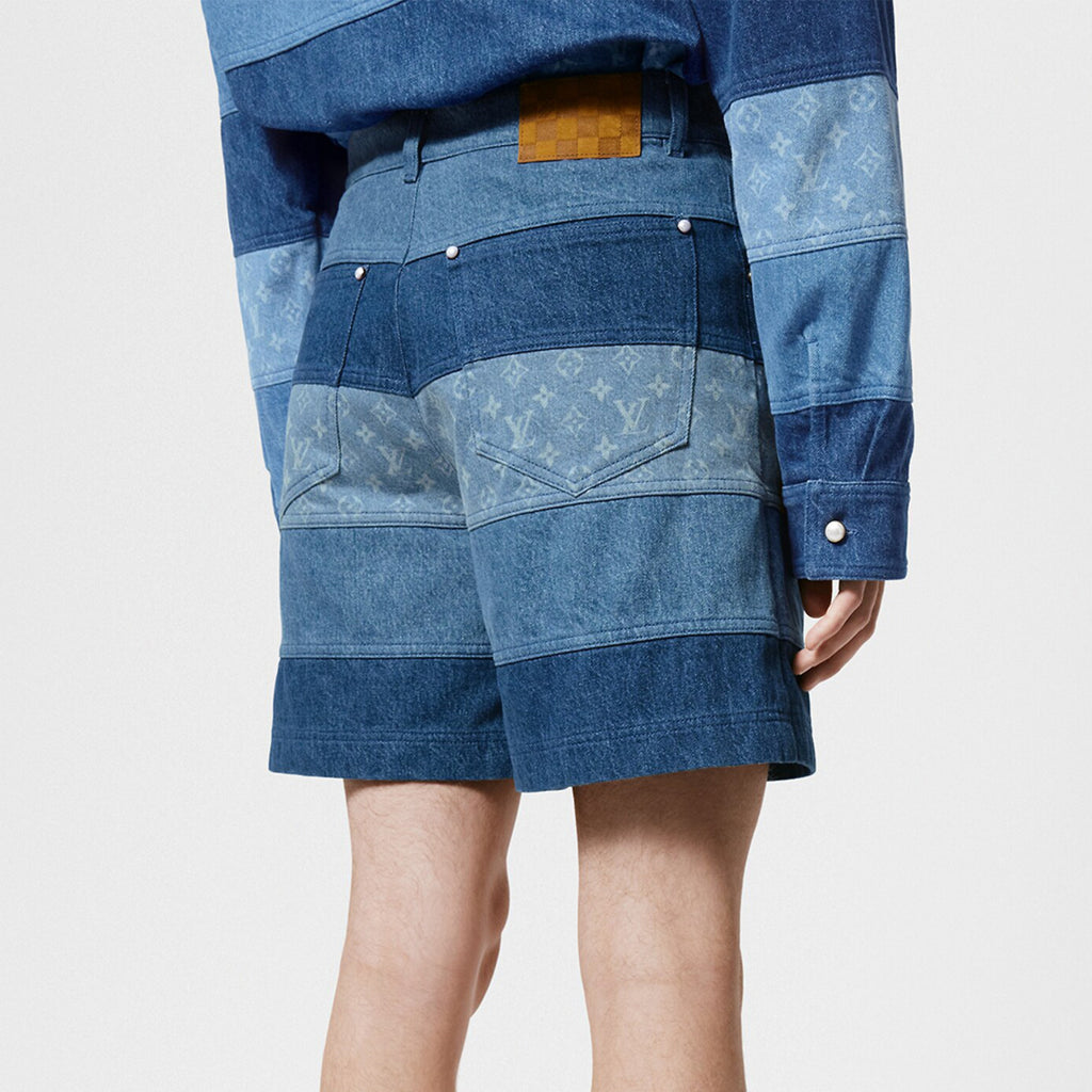 Men's Spring And Summer Fashion Retro Print Casual Pants Striped Stitching Denim Shorts #72324