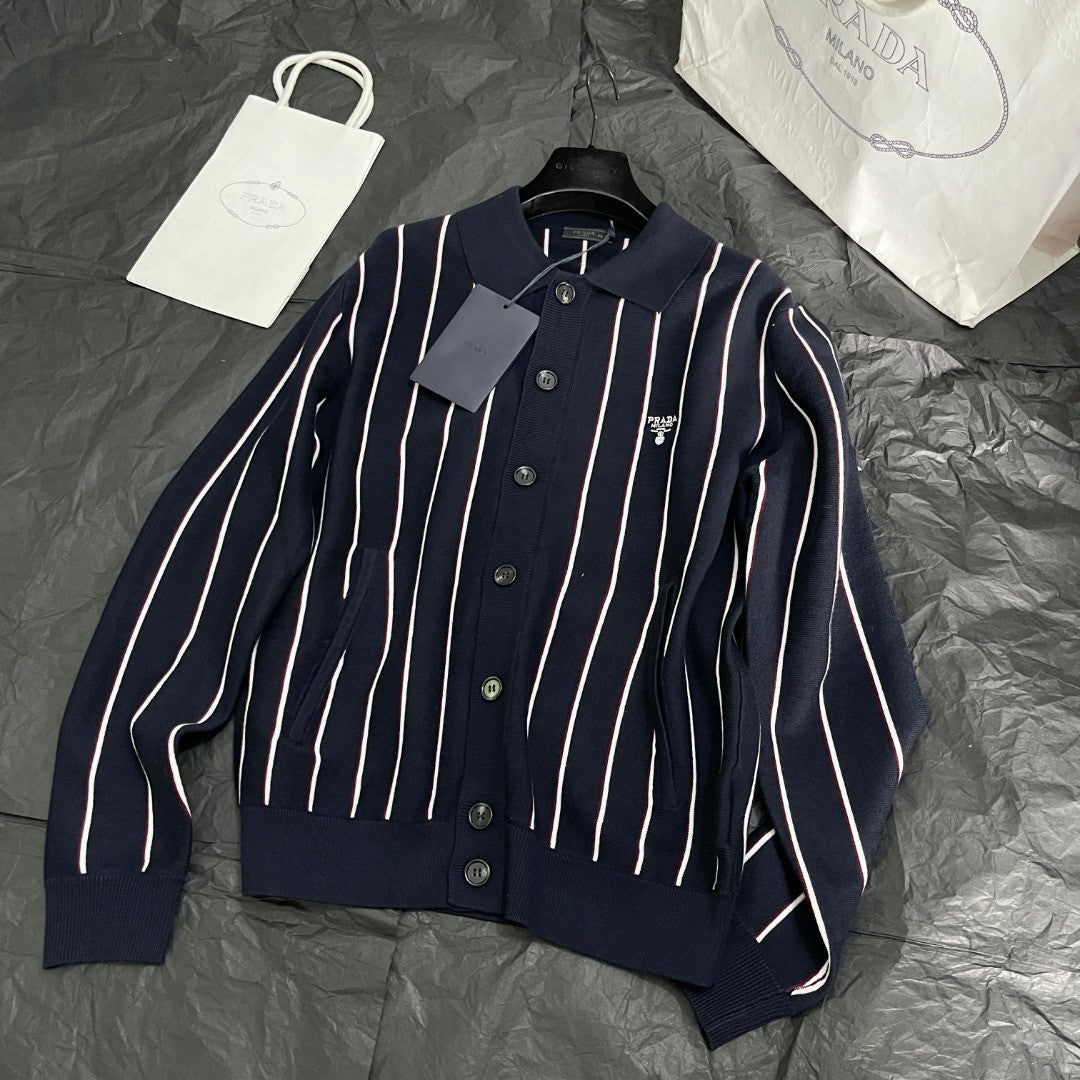 men's Fall/winter 2025 Striped Embroidered Long-sleeve Sweater Single-button Fashion Loose-fit Cardigan #81938A