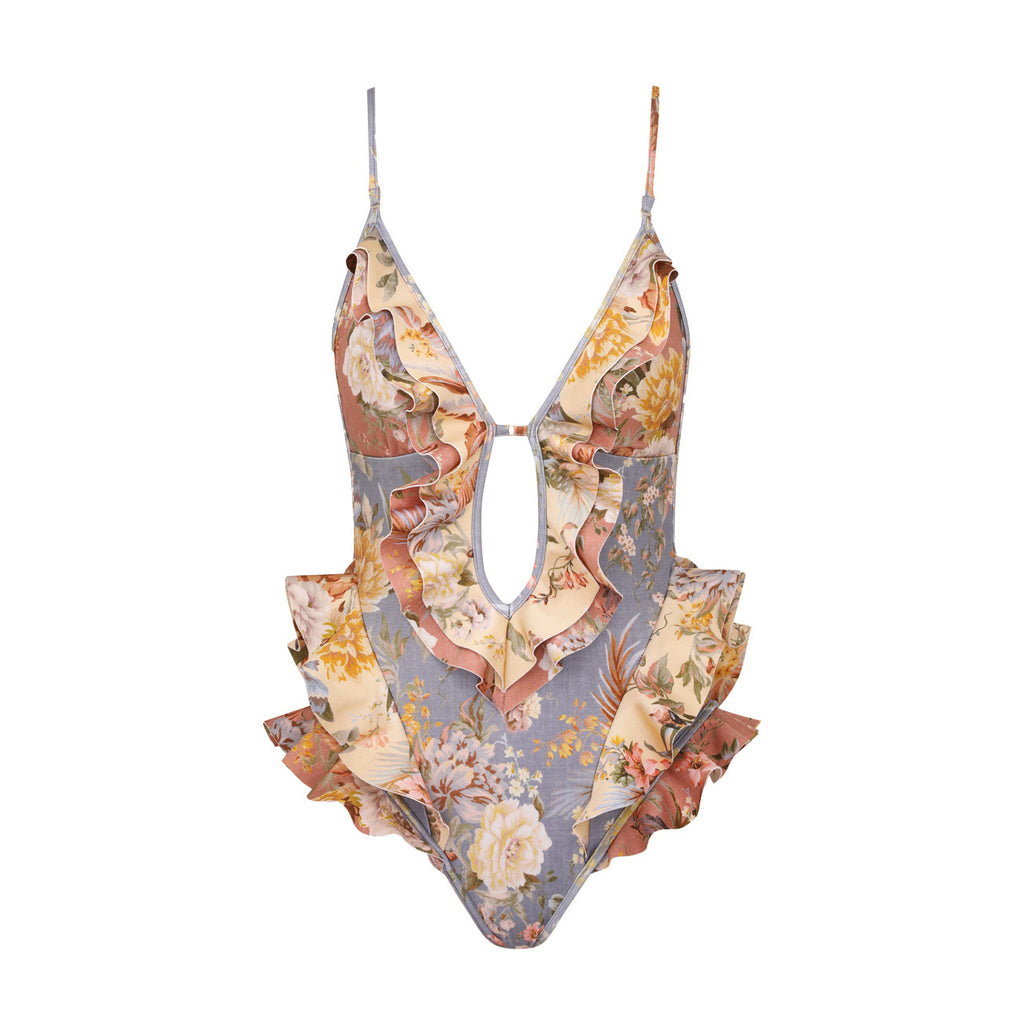 Women's Patchwork Chartreuse Ruffle Halter One-piece Swimsuit #75153