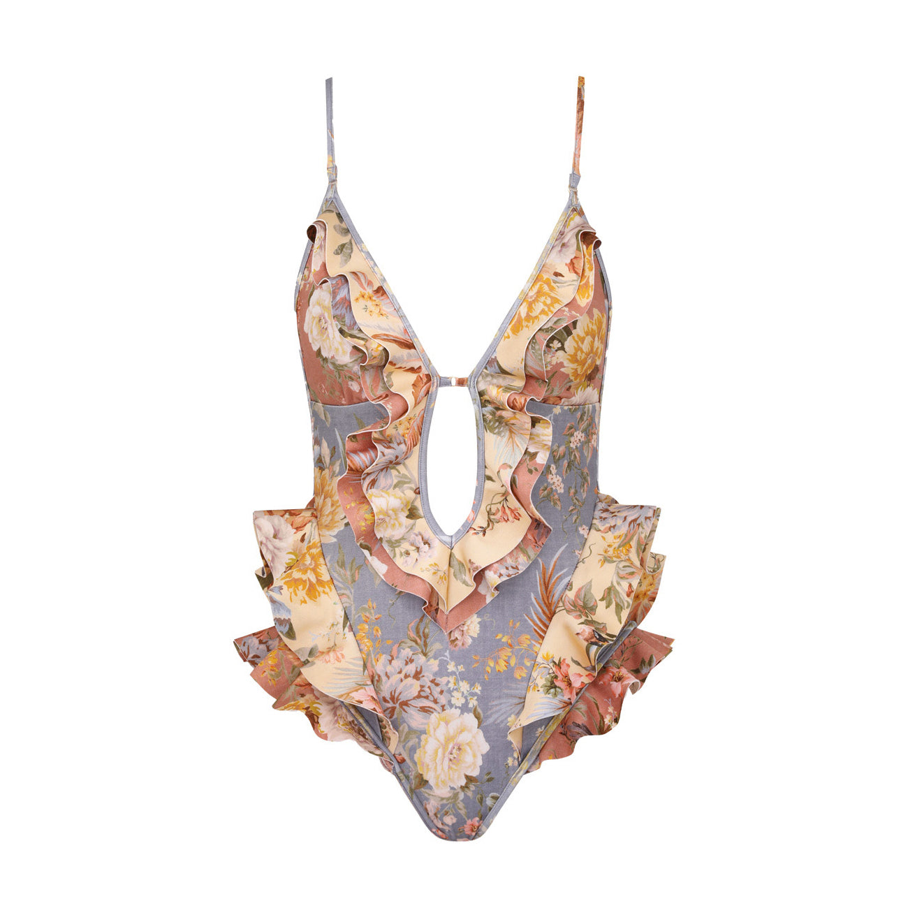 Women's Patchwork Chartreuse Ruffle Halter One-piece Swimsuit #75153