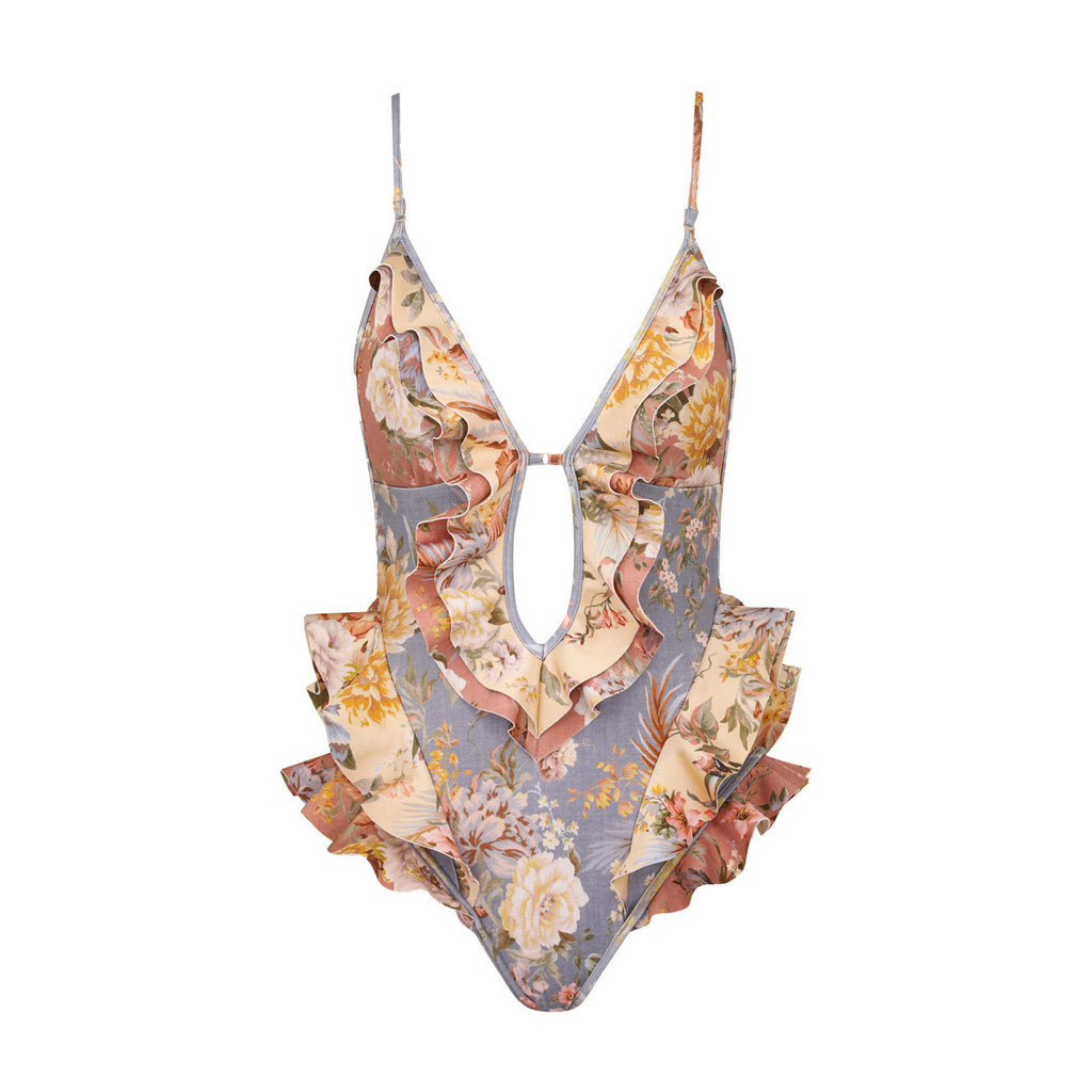 Women's Patchwork Chartreuse Ruffle Halter One-piece Swimsuit #75153