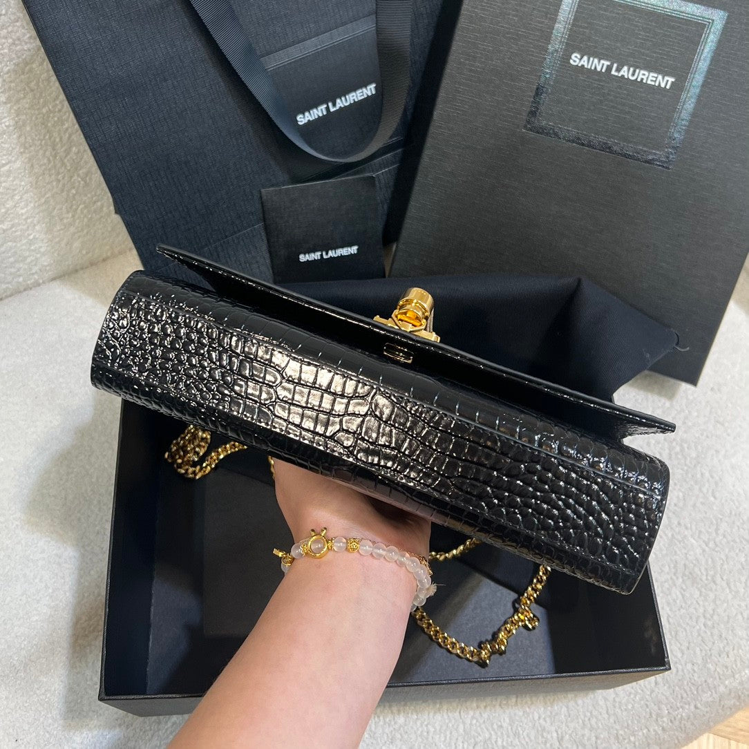 YS Women Black Gold Label Logo Chain Crocodile Embossed Glossy Cowhide Crossbody Shoulder Bag Bags #74268