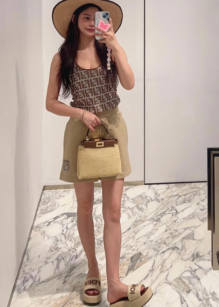 Women's Summer Brown FF Print Cotton Knit Top Fitted Sleeveless Vest #71529