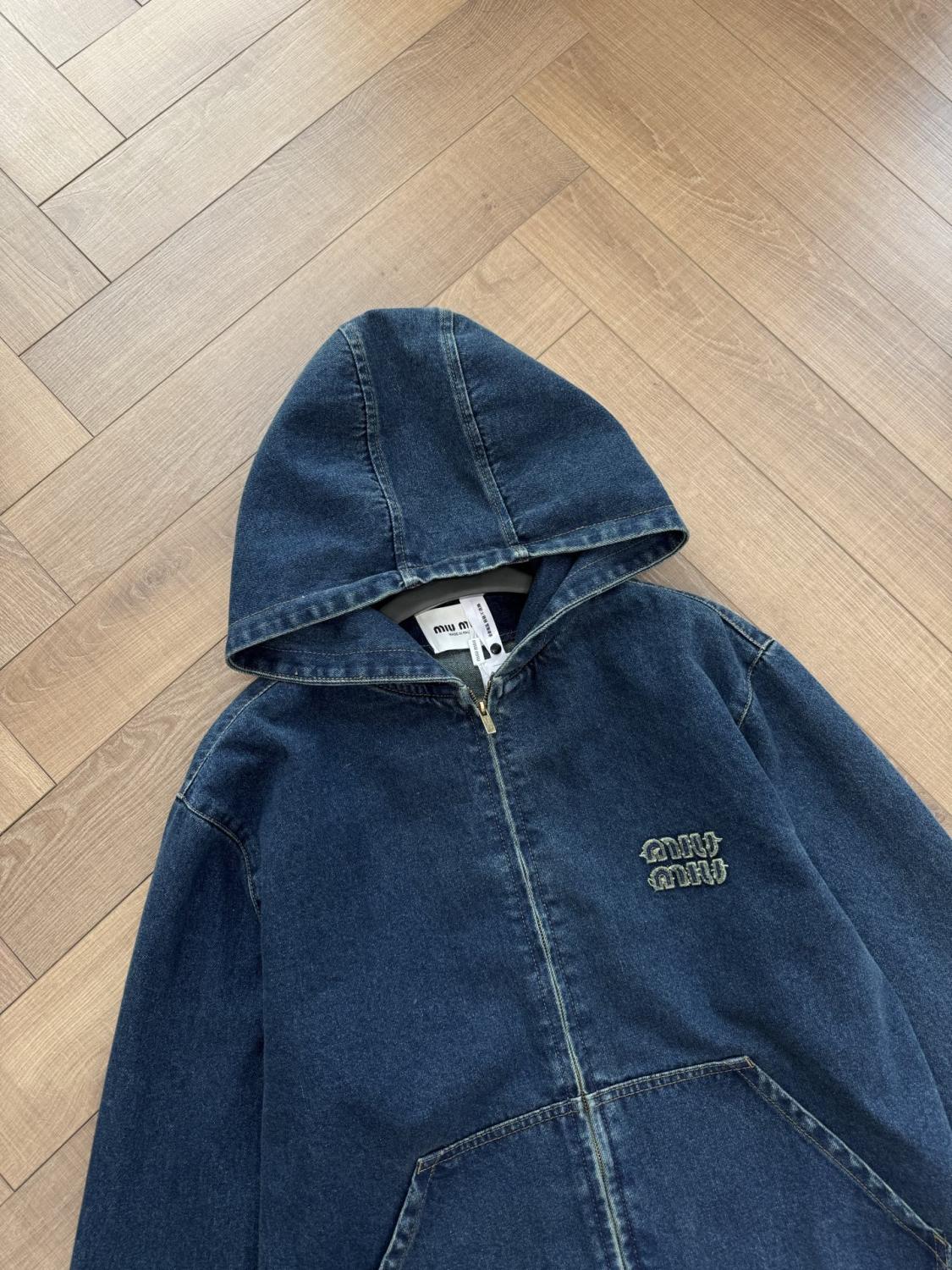 Women's Fall/Winter Denim Hooded Jacket with Zipper Pockets Retro Fashion Trend Dark Blue Jacket #193836