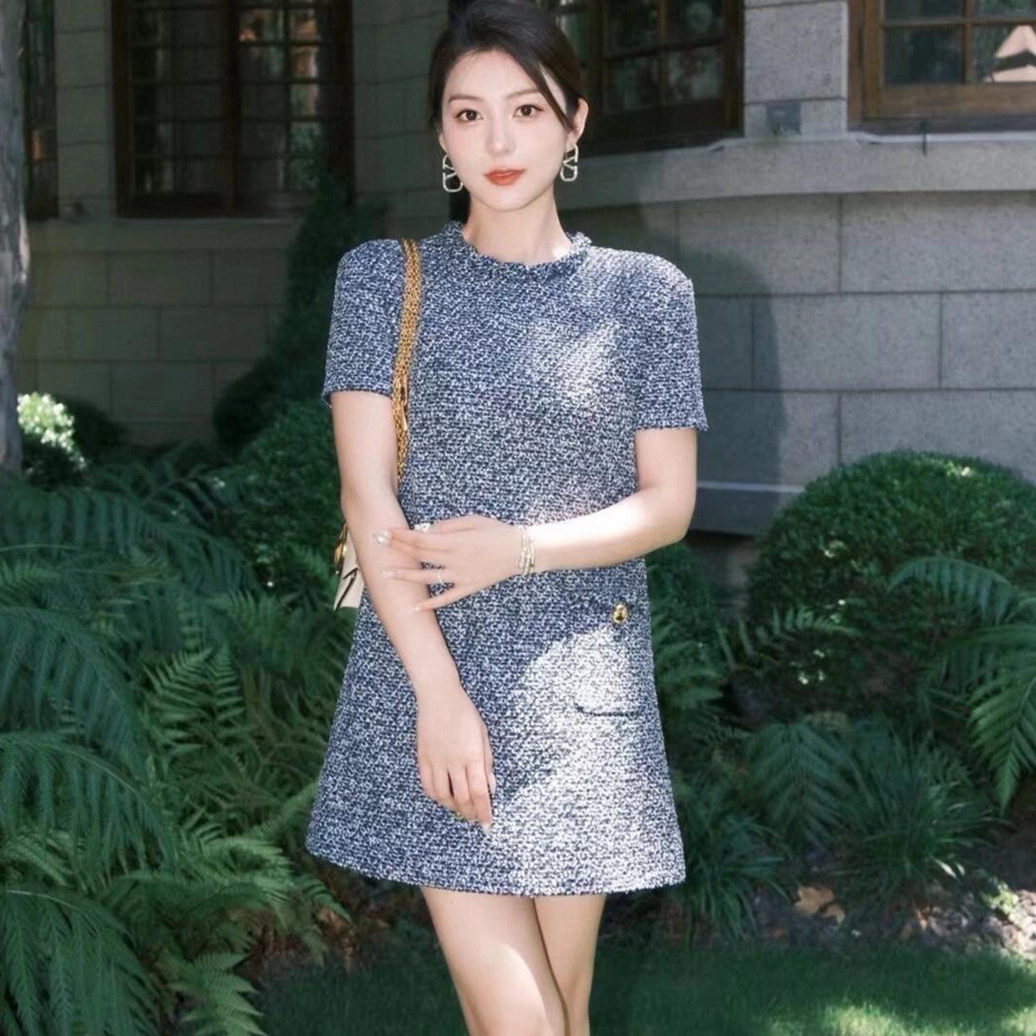 Women's Spring And Summer Fashion Tweed Round Neck Dress Buttons Fit Casual Elegant Short-sleeved Dresses Ngvp #8938