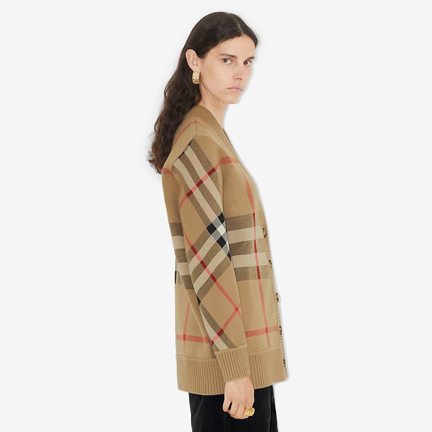 Women's Plaid Blended V-neck Jacquard Knitted Cardigan Button Fashion Casual Sweater #71422