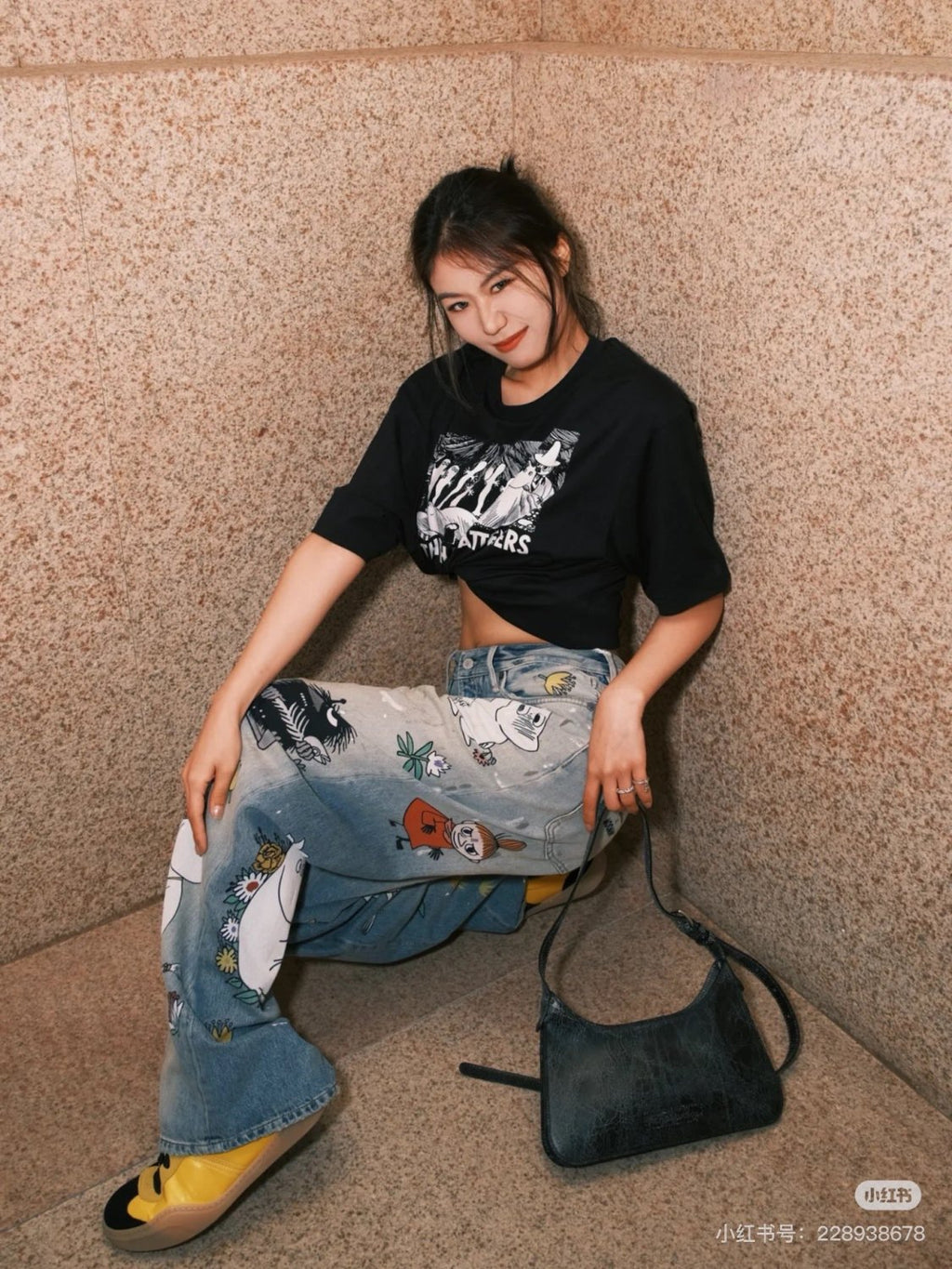 X Moomin Women's Spring/summer Straight Leg Casual Anime Print Fashionable High Street Wide Leg Loose Fit Denim Pants Ngvp #2176