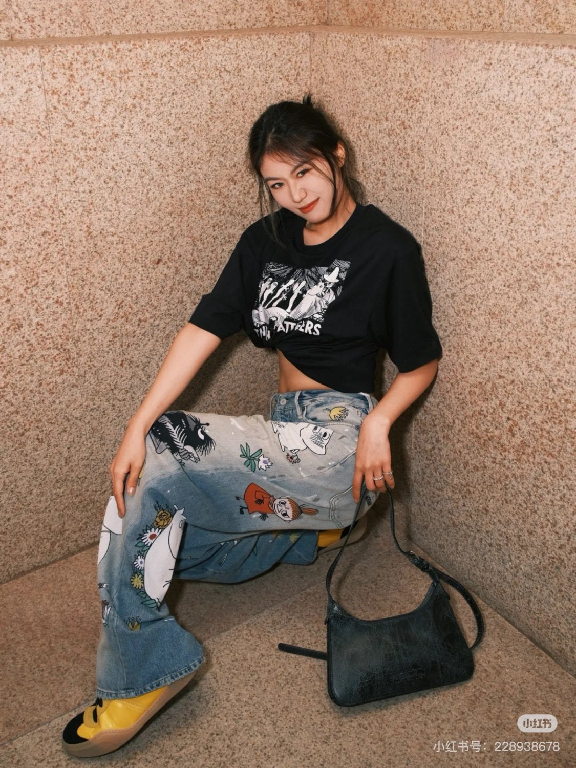 X Moomin Women's Spring/summer Straight Leg Casual Anime Print Fashionable High Street Wide Leg Loose Fit Denim Pants Ngvp #2176